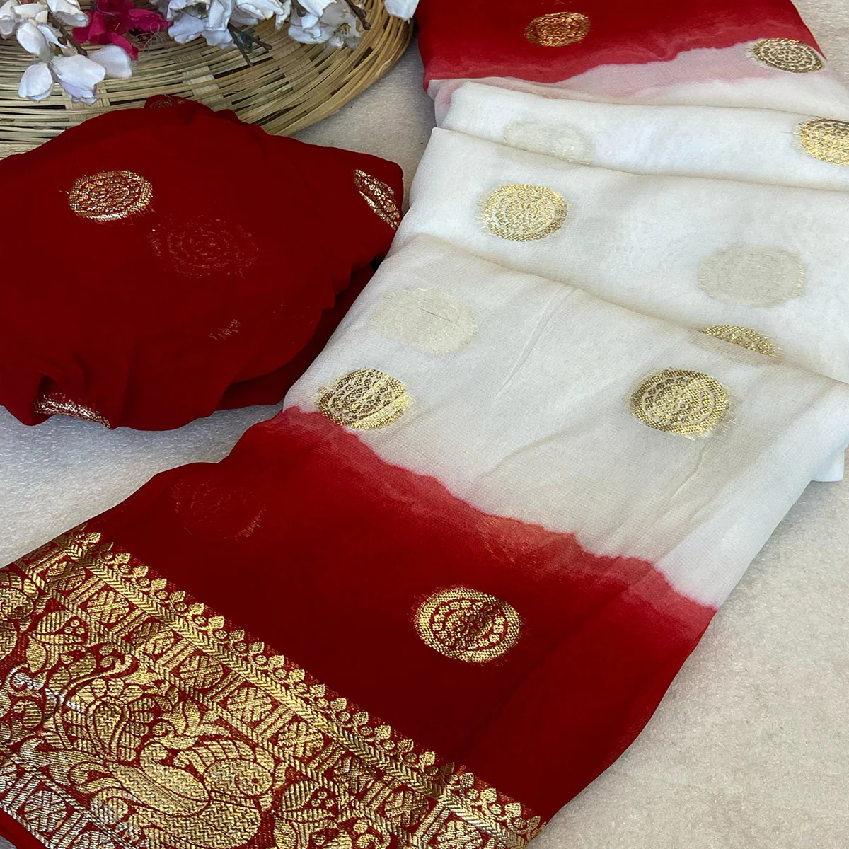 White & Dark Red Zari Weaving Pure Viscose Saree - Image 6