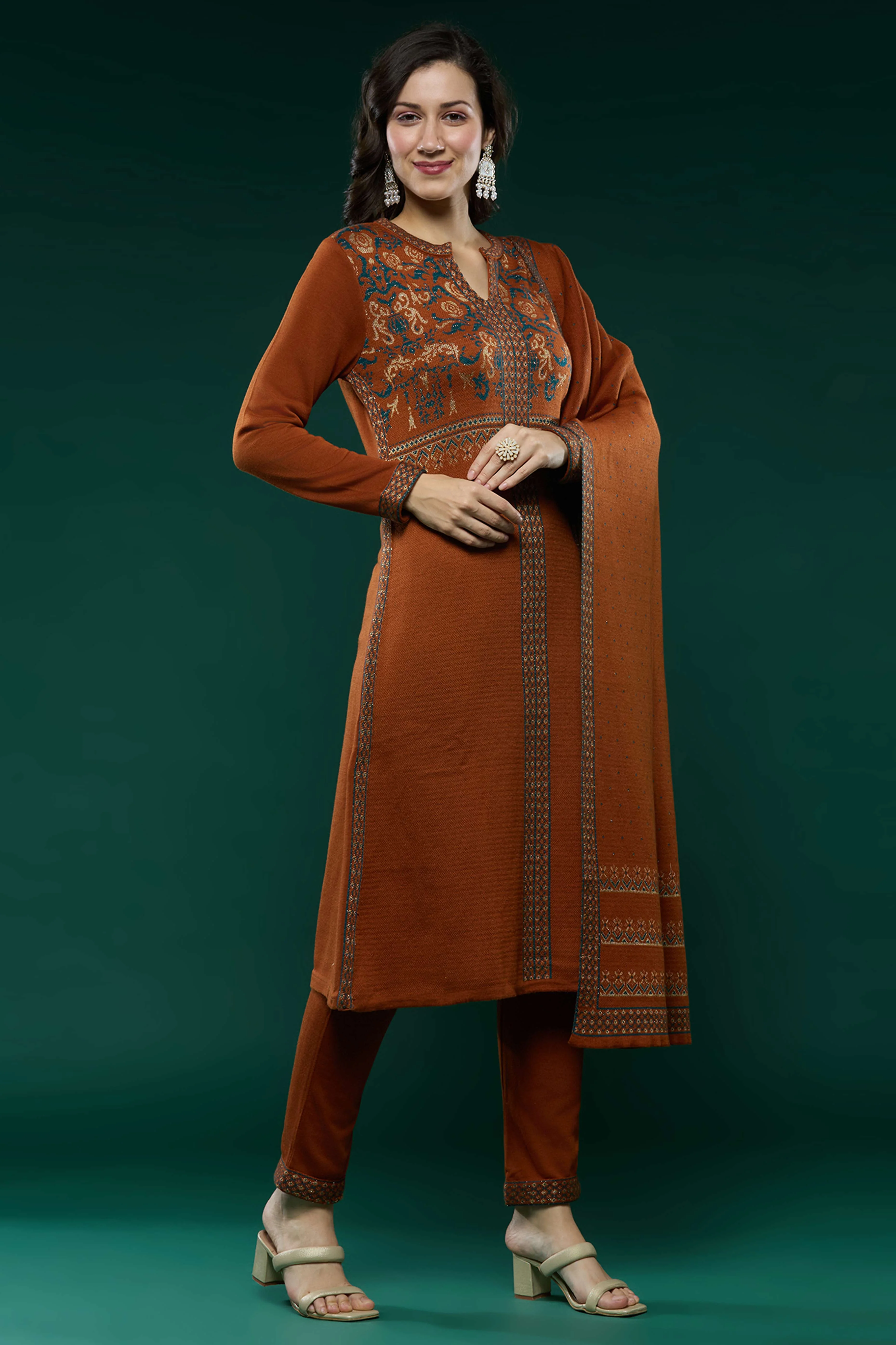 Dark Rust Floral Woolen Salwar Suit - Image 5
