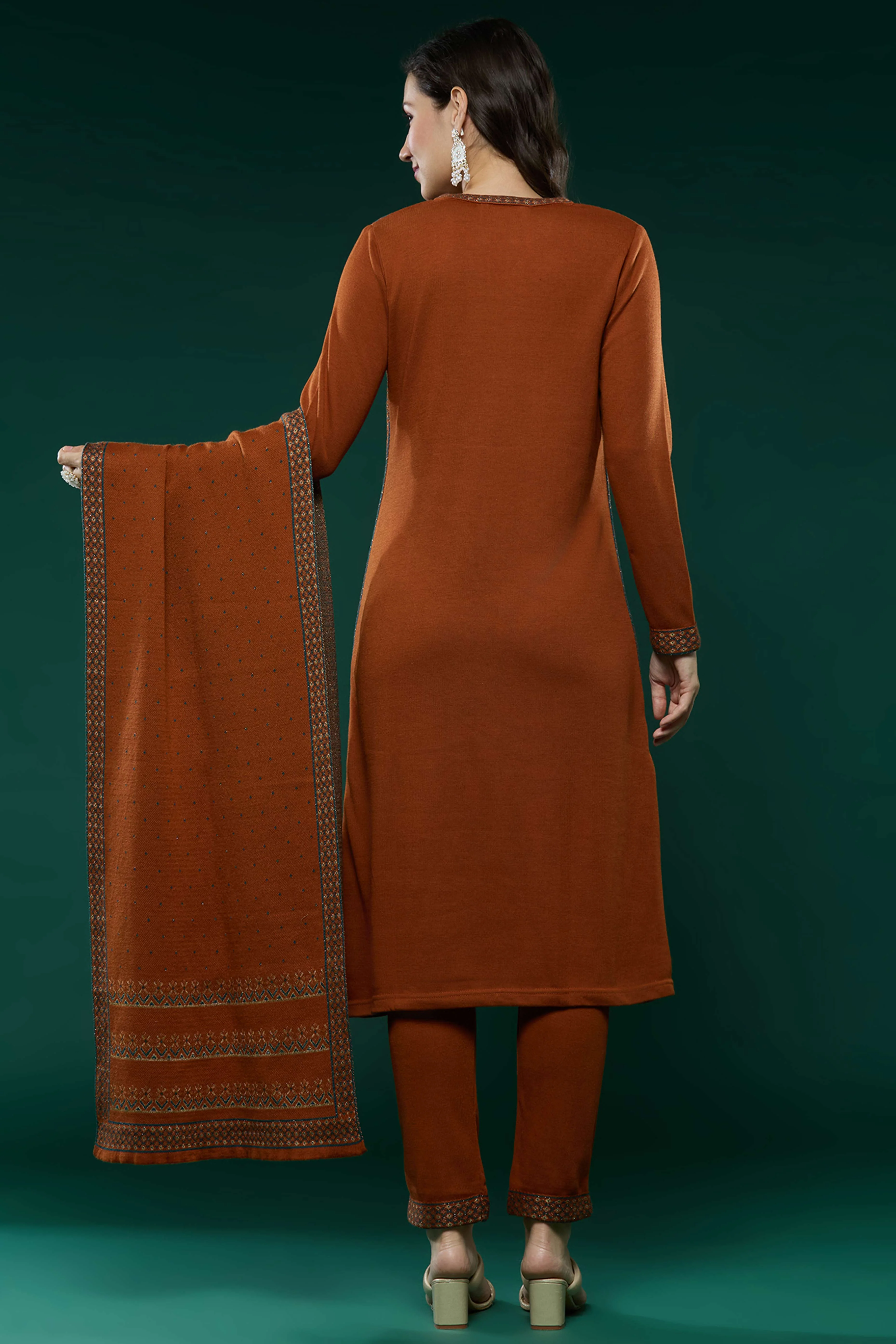 Dark Rust Floral Woolen Salwar Suit - Image 6