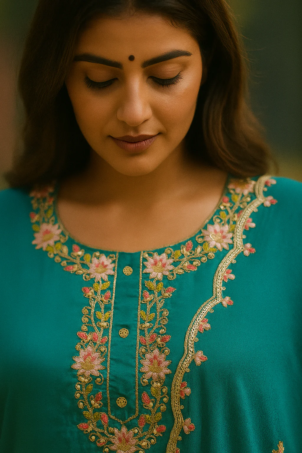 Dark Sea Green Crepe Salwar Suit with Ornate Yoke Embroidery for a Refined Look - Image 2