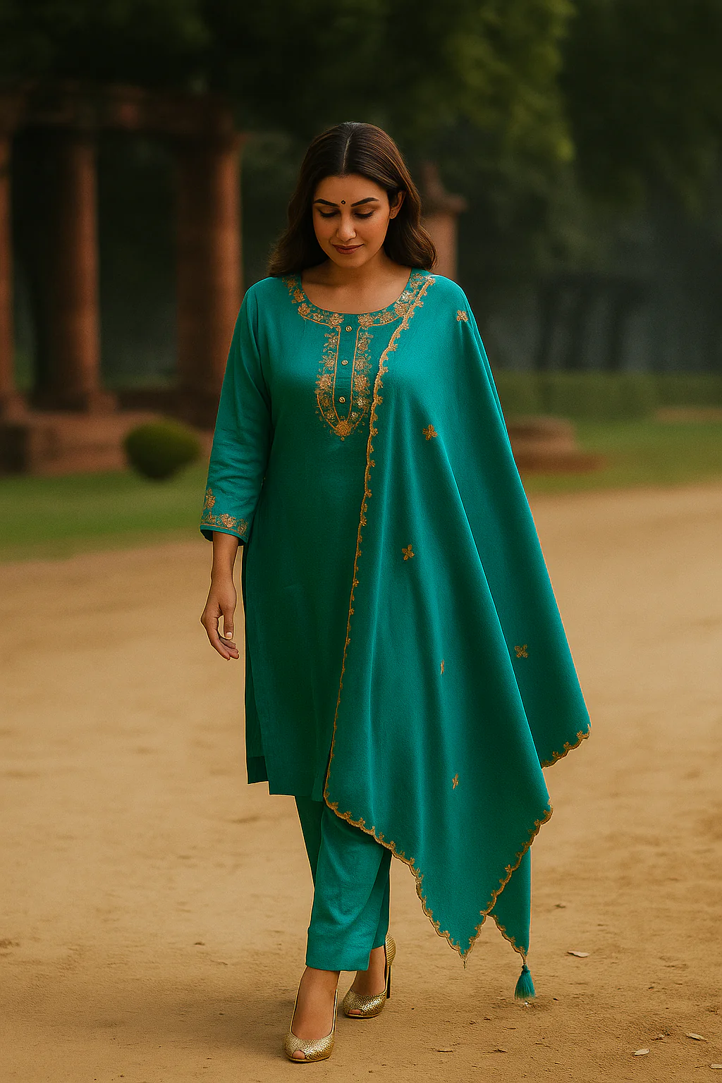 Dark Sea Green Crepe Salwar Suit with Ornate Yoke Embroidery for a Refined Look - Image 4