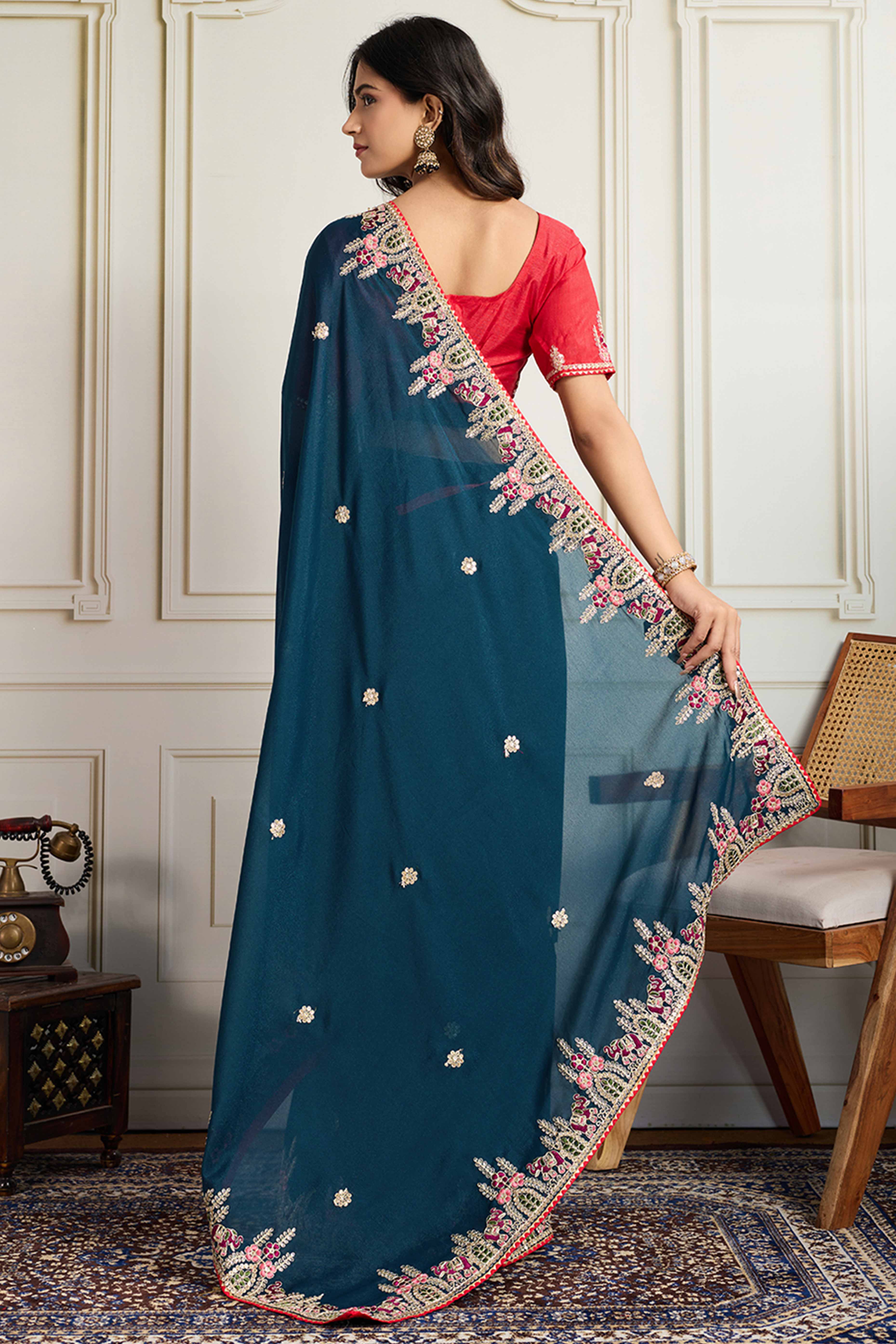 Dark Teal Blue Georgette Saree Featuring Floral Cording Embroidery & Shimmering Sequins Work - Image 5