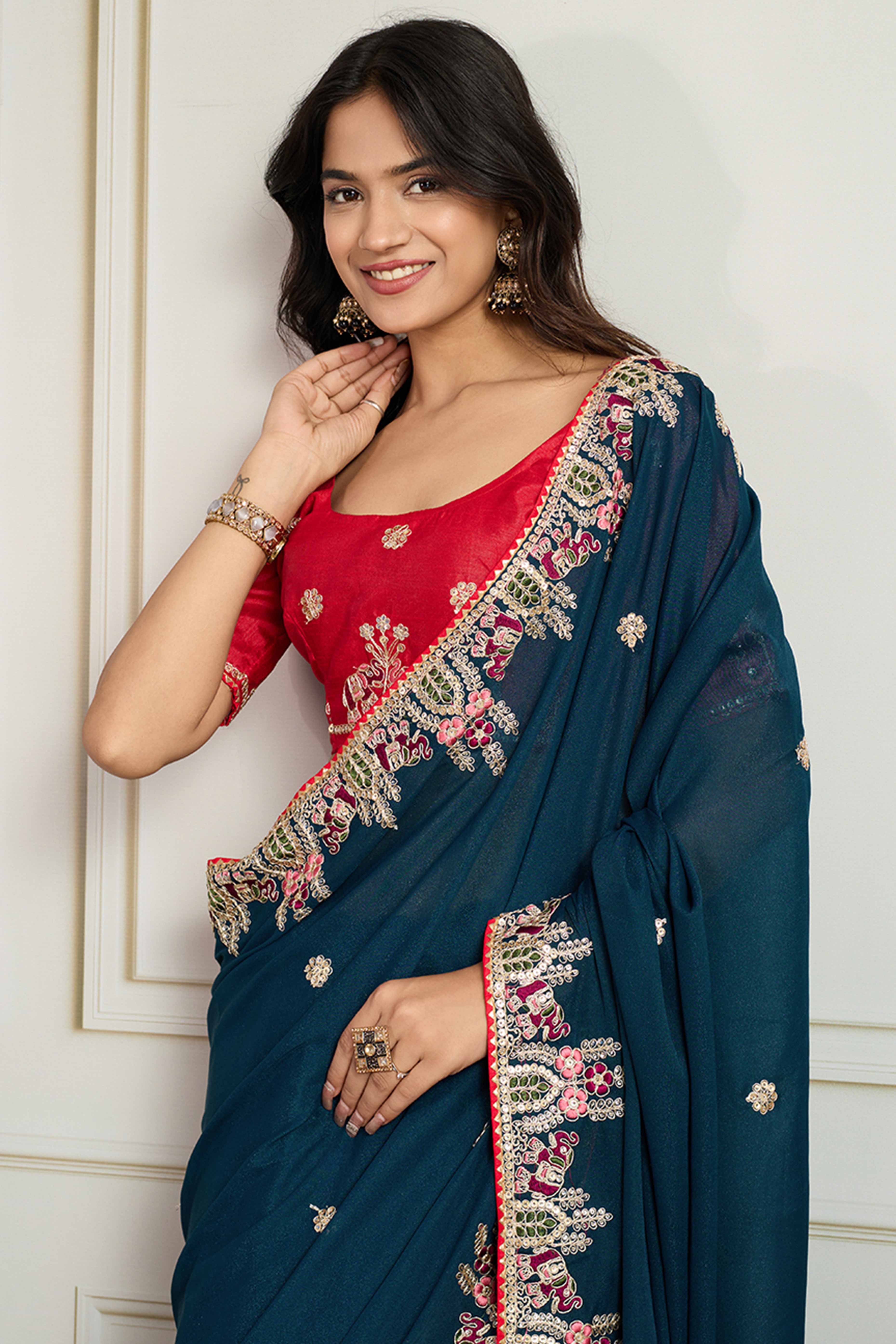 Dark Teal Blue Georgette Saree Featuring Floral Cording Embroidery & Shimmering Sequins Work - Image 6