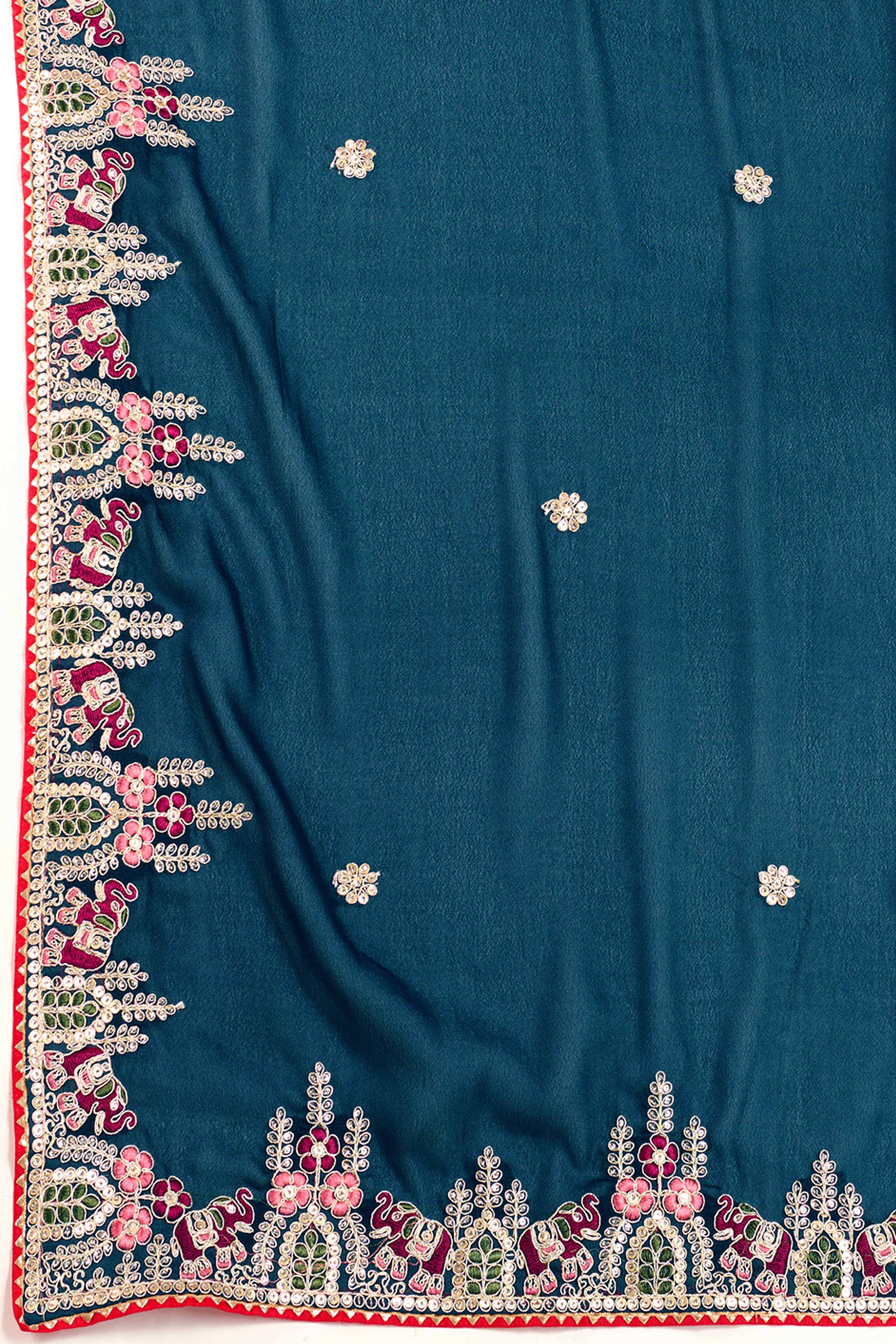 Dark Teal Blue Georgette Saree Featuring Floral Cording Embroidery & Shimmering Sequins Work - Image 8