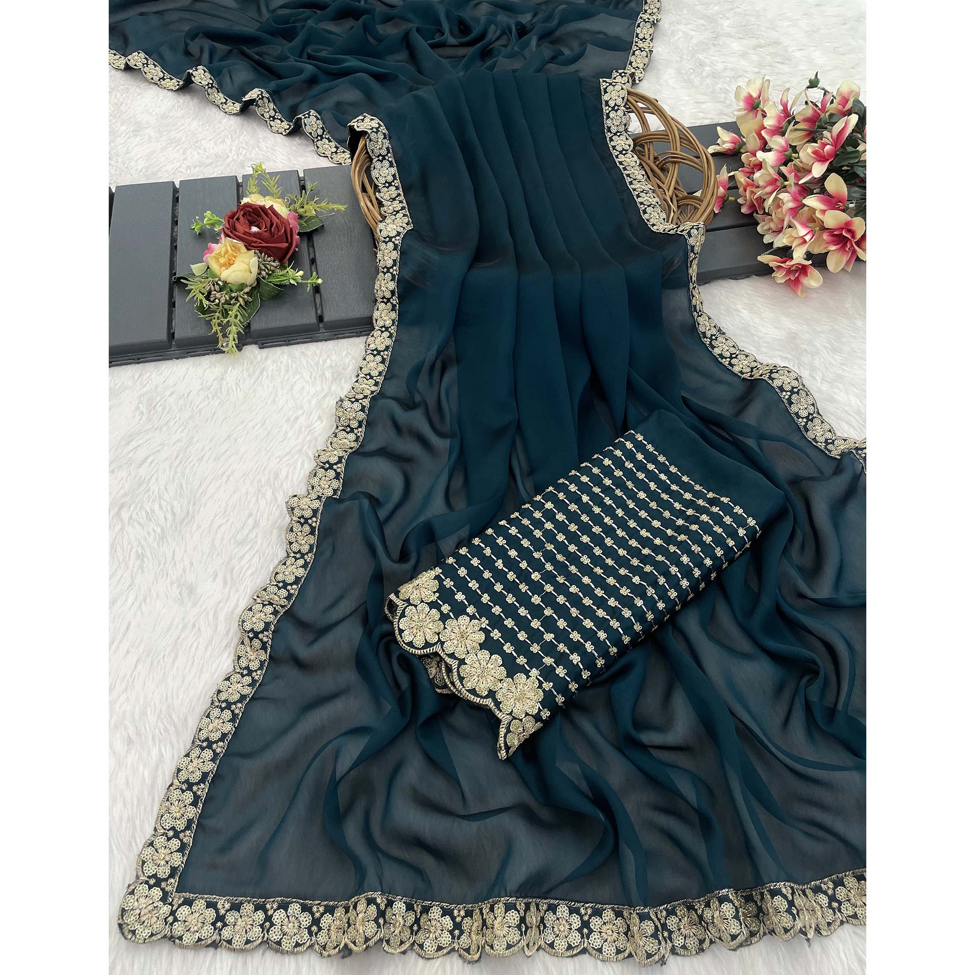 Dark Teal Blue Solid Rangoli Art Silk Saree With Sequins Embroidered Border - Image 3