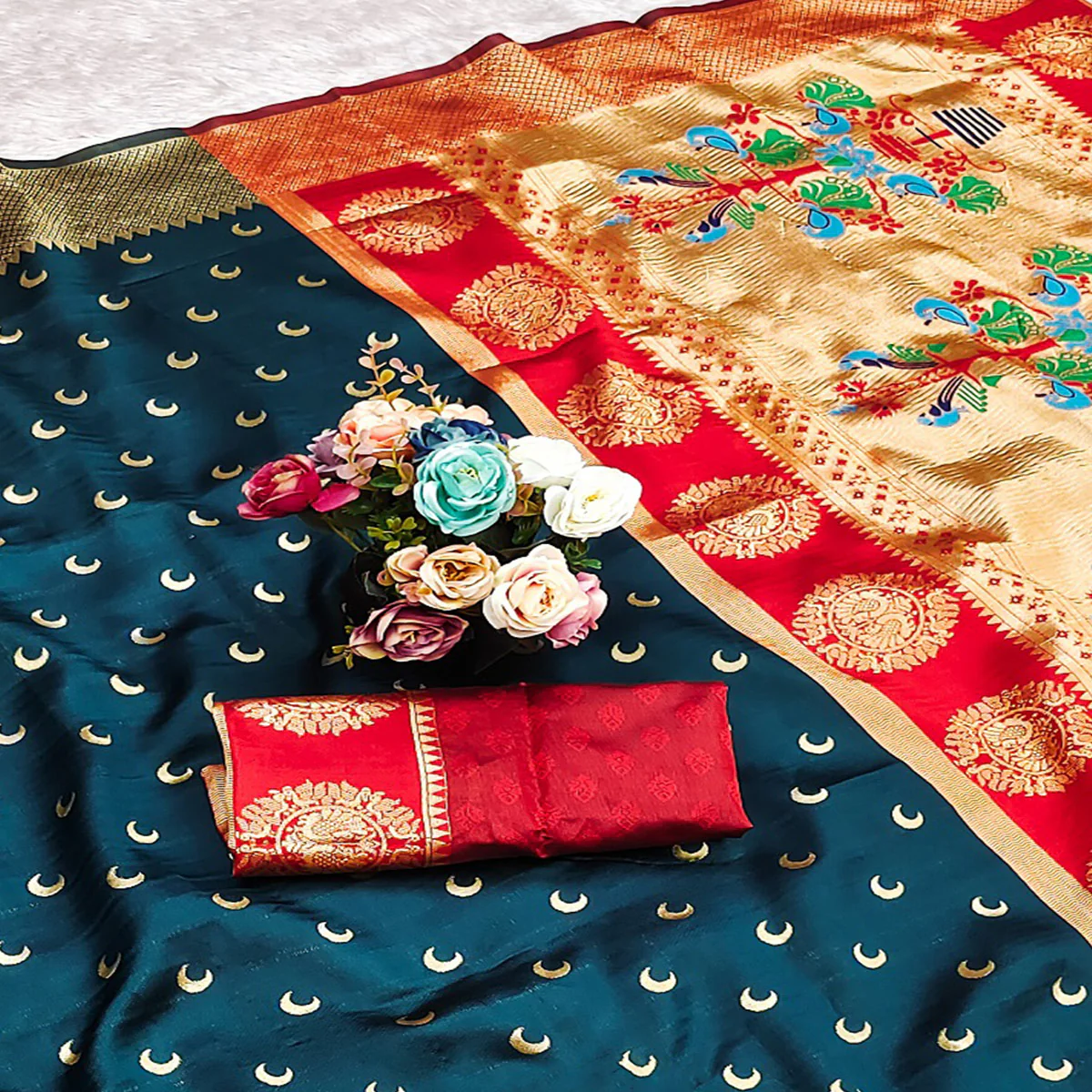 Dark Teal Blue Woven Pure Silk Chandrakor Paithani Saree - Image 2