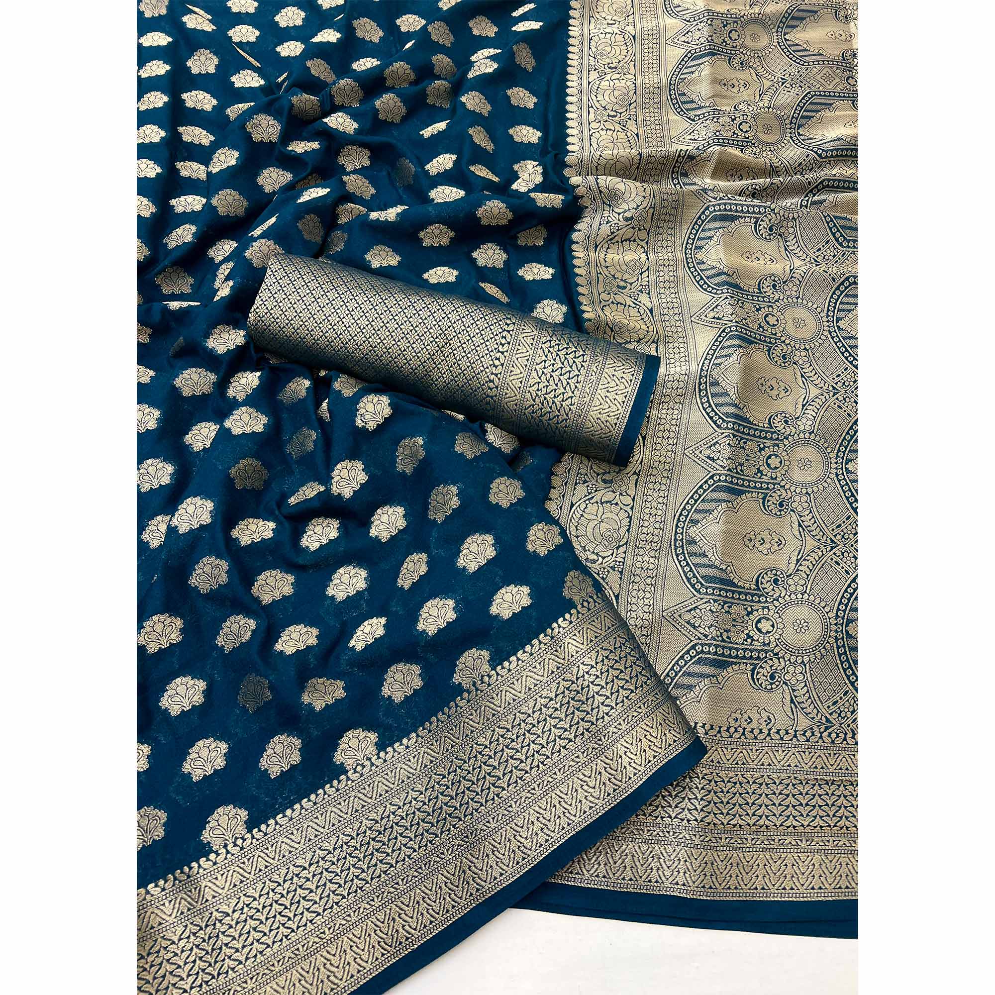 Dark Teal Blue Zari Woven Floral Silk Saree With Chic Tassel Finish Pallu - Image 3
