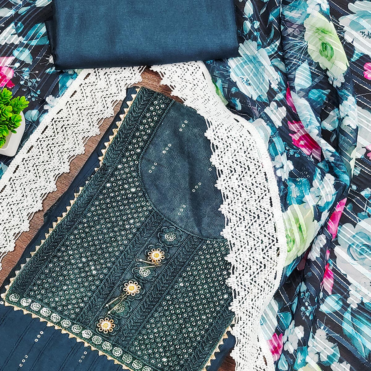 Dark Teal Cotton Blend Suit Material Enhanced with Sequins Embroidery - Image 2