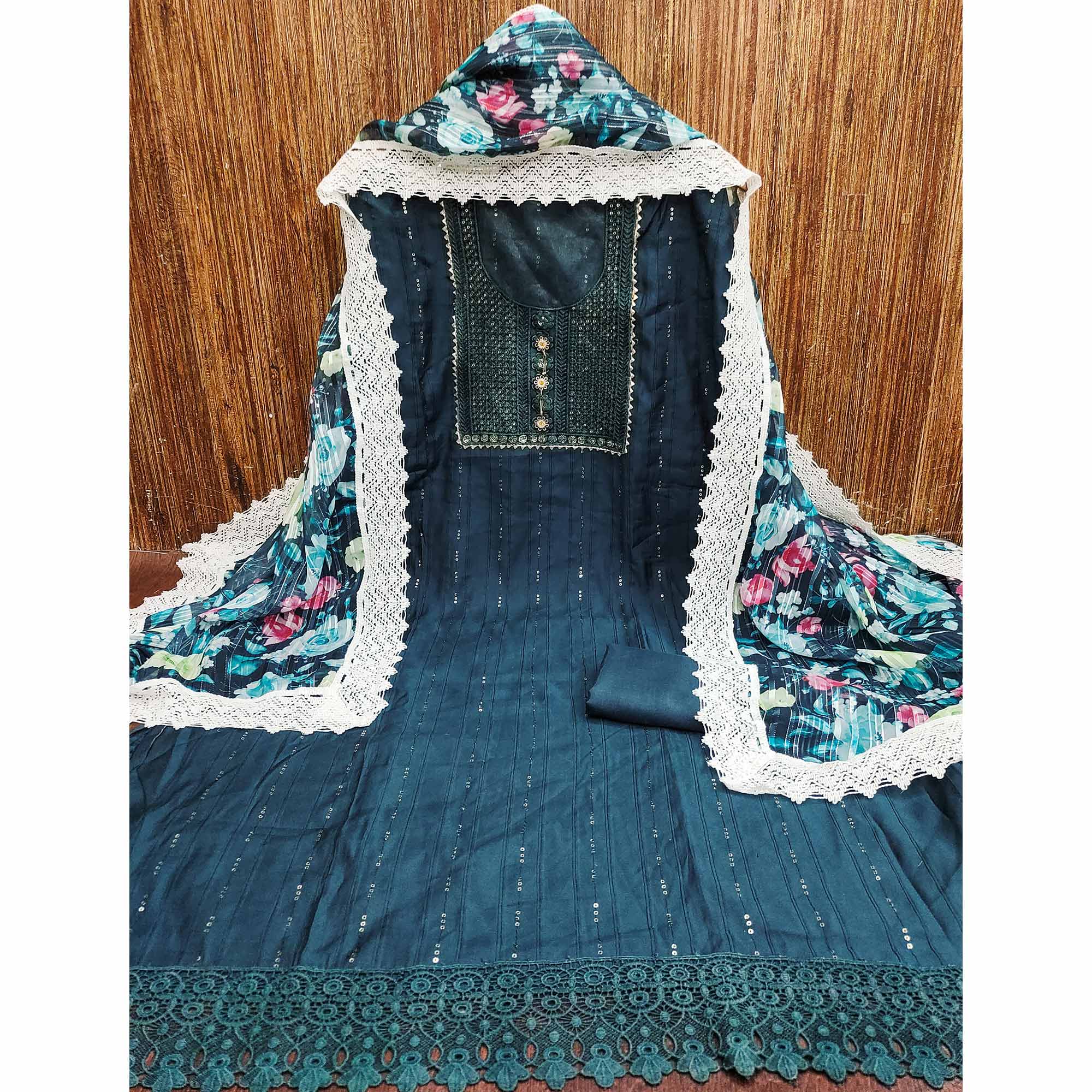 Dark Teal Cotton Blend Suit Material Enhanced with Sequins Embroidery - Image 3