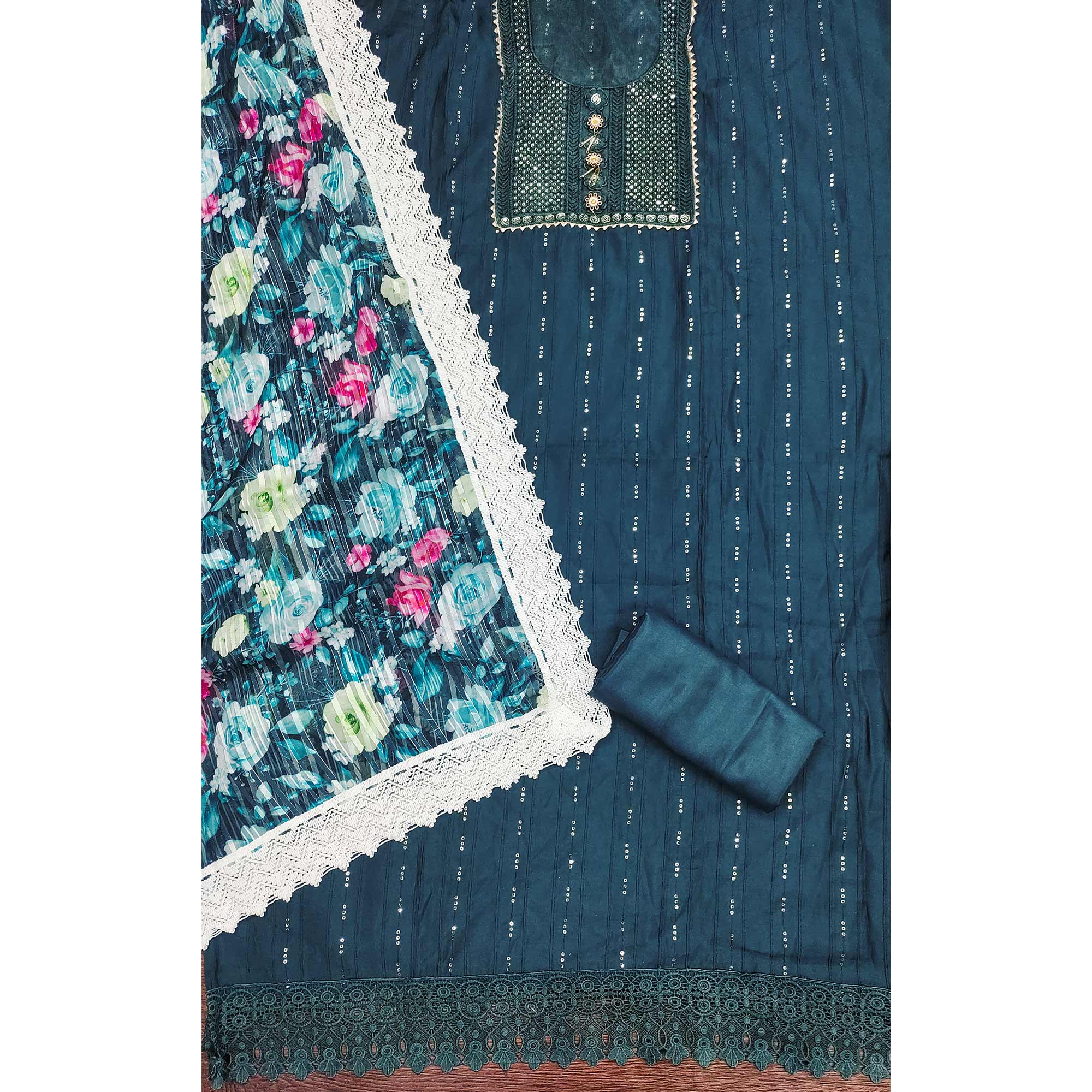 Dark Teal Cotton Blend Suit Material Enhanced with Sequins Embroidery - Image 4