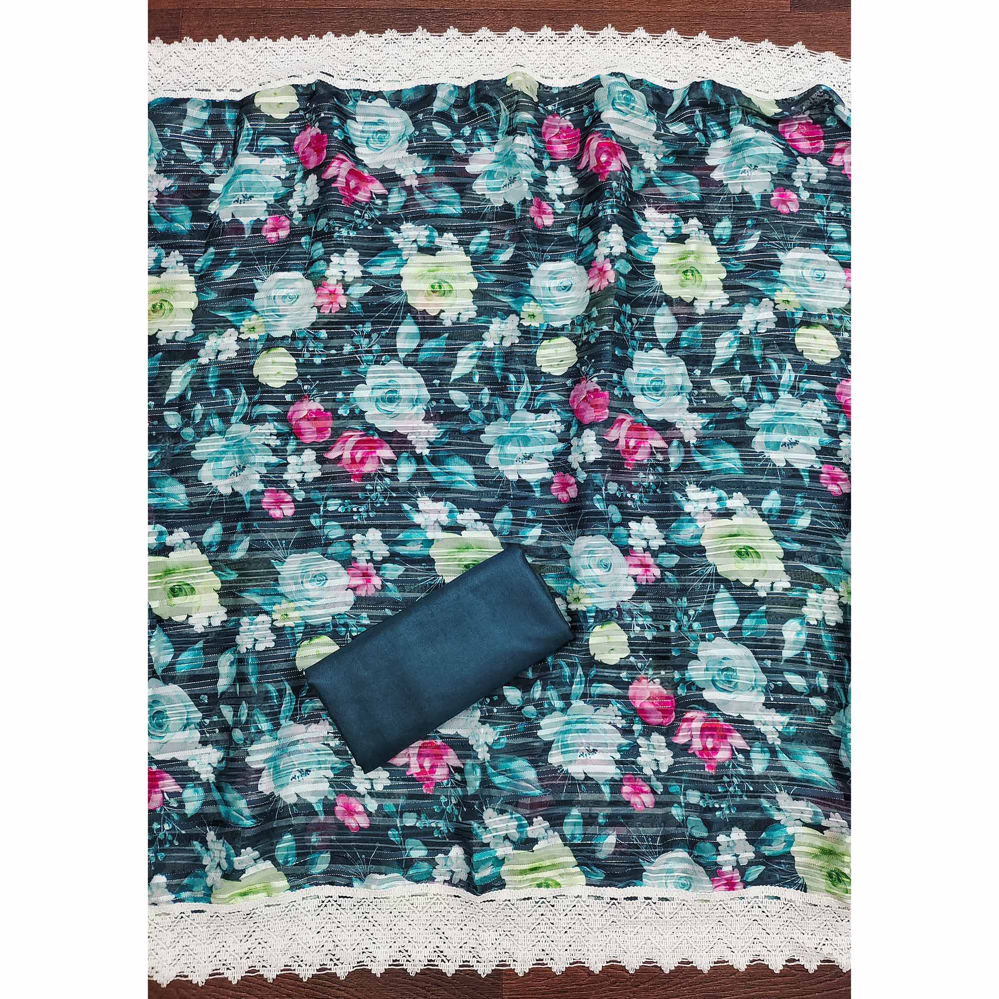 Dark Teal Cotton Blend Suit Material Enhanced with Sequins Embroidery - Image 5