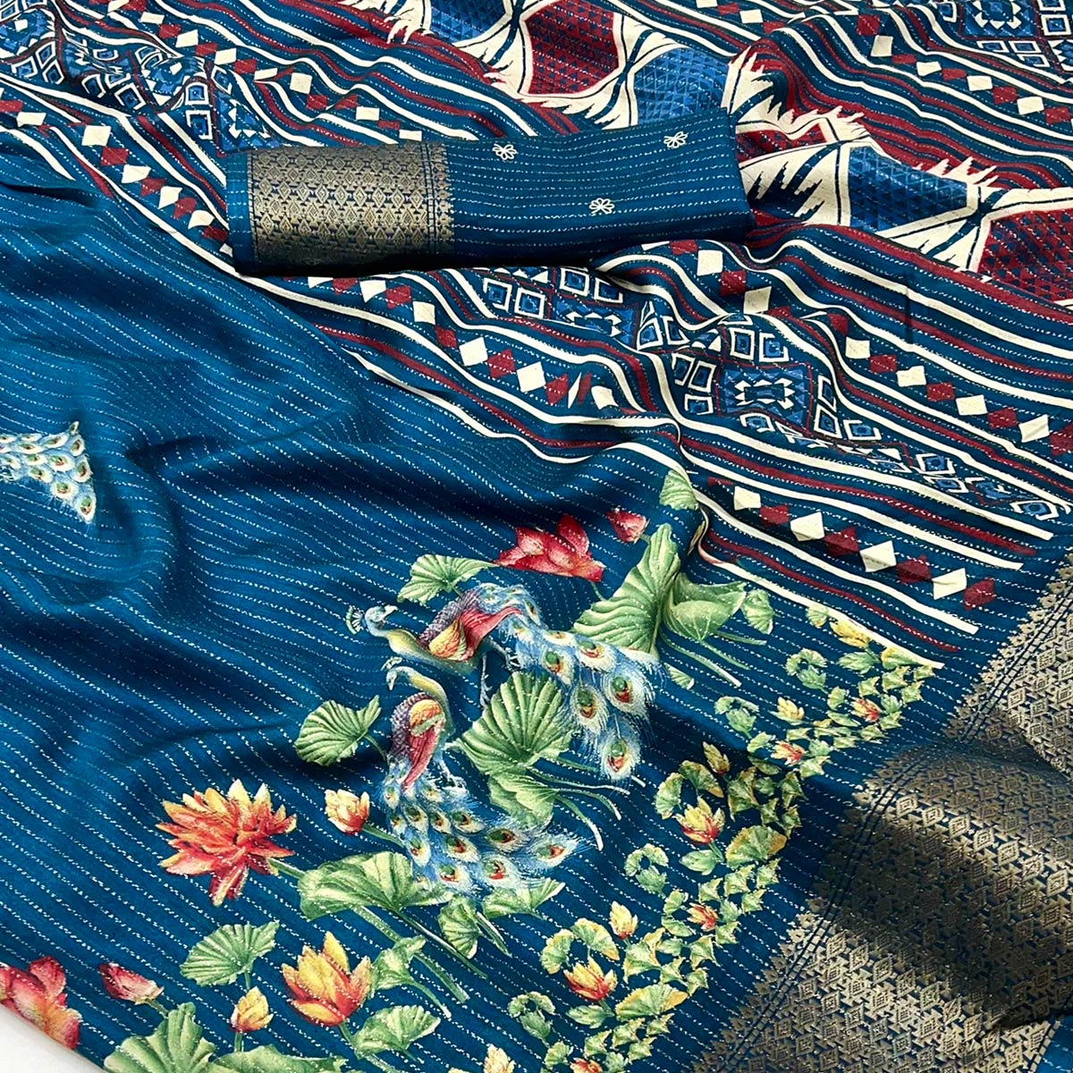 Dark Teal Floral Printed Dola Silk Saree With Jacquard Border - Image 2