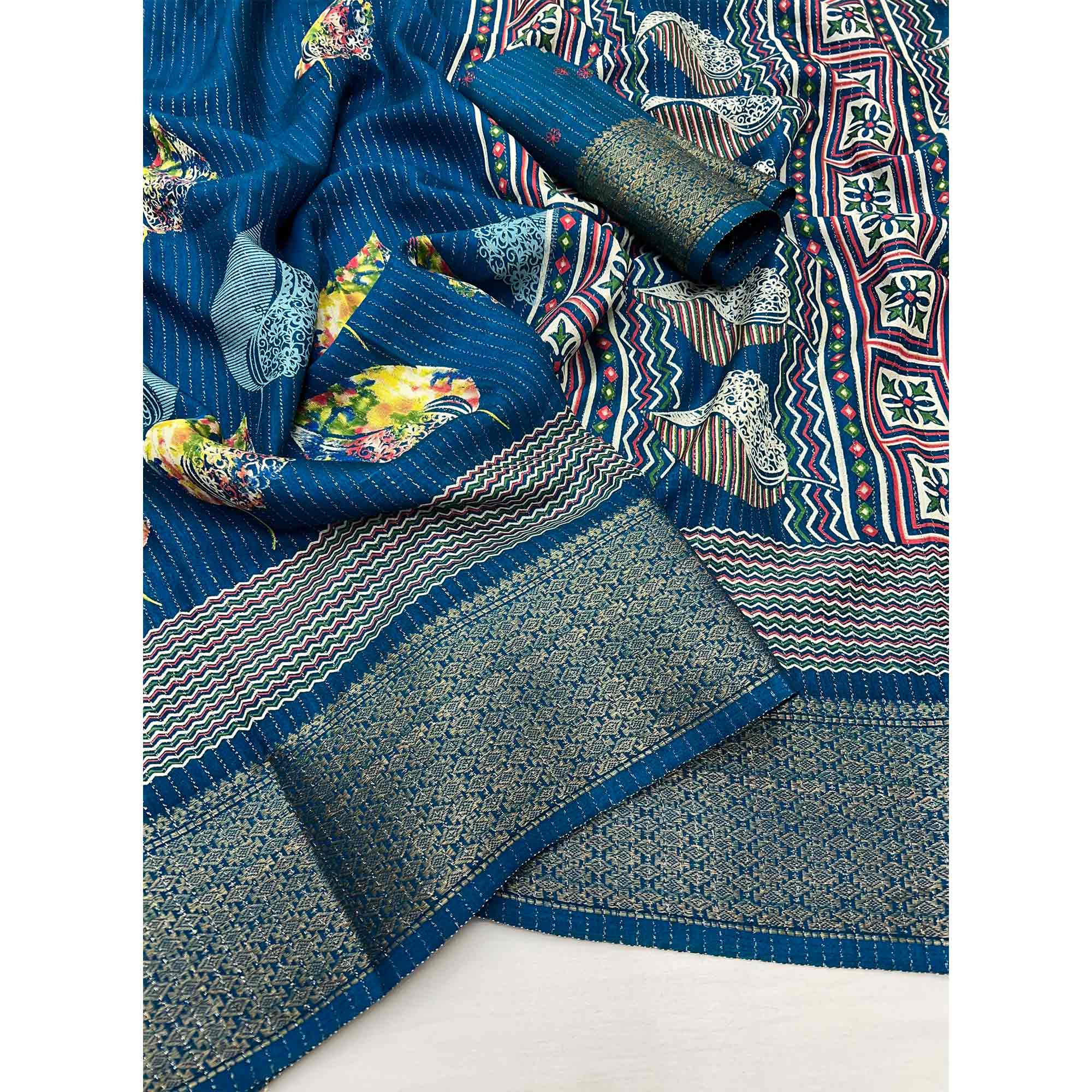 Dark Teal Floral Printed Dola Silk Saree With Jacquard Border - Image 3