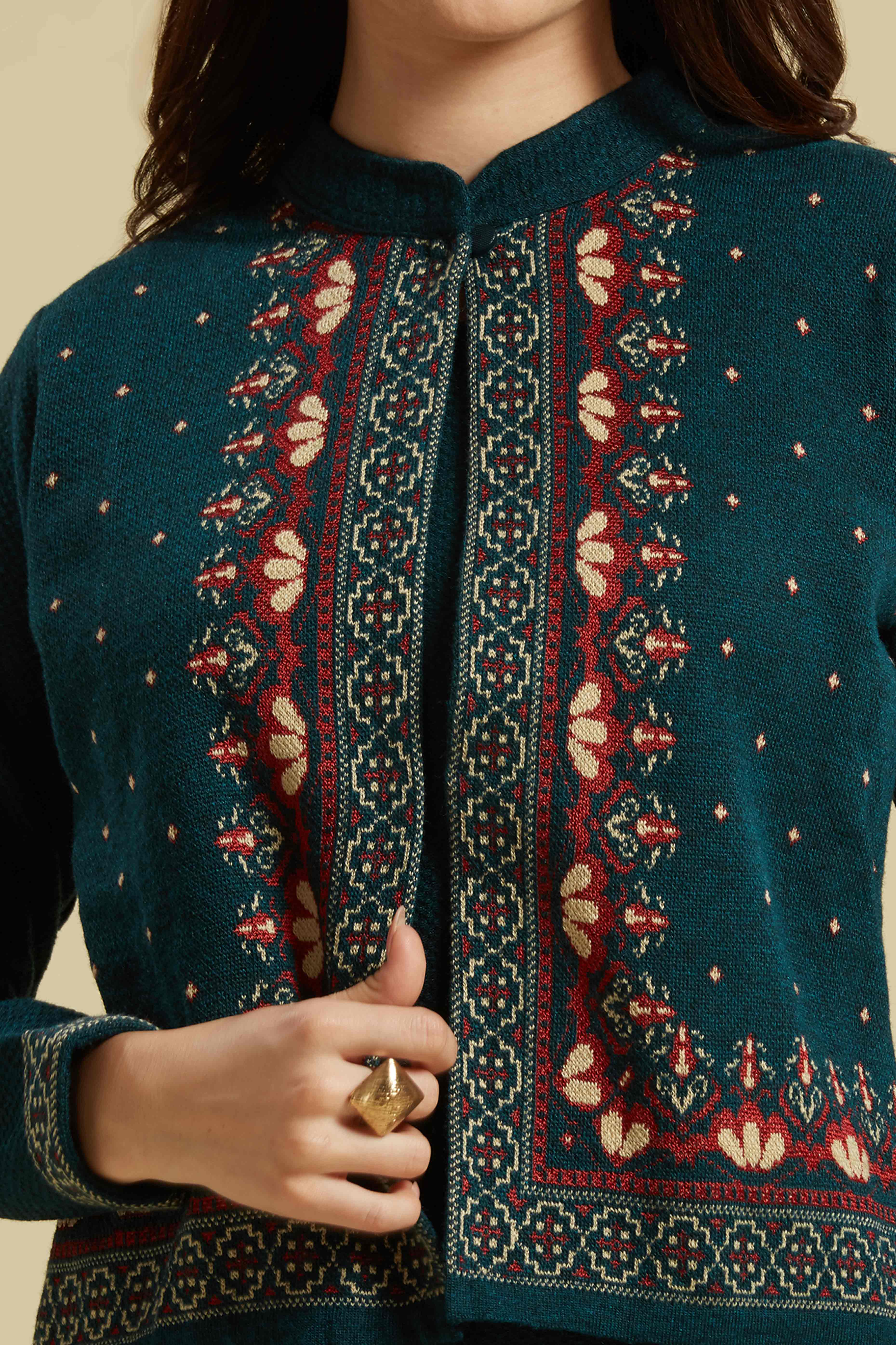 Dark Teal Floral Woolen Top Bottom Set - Image 2