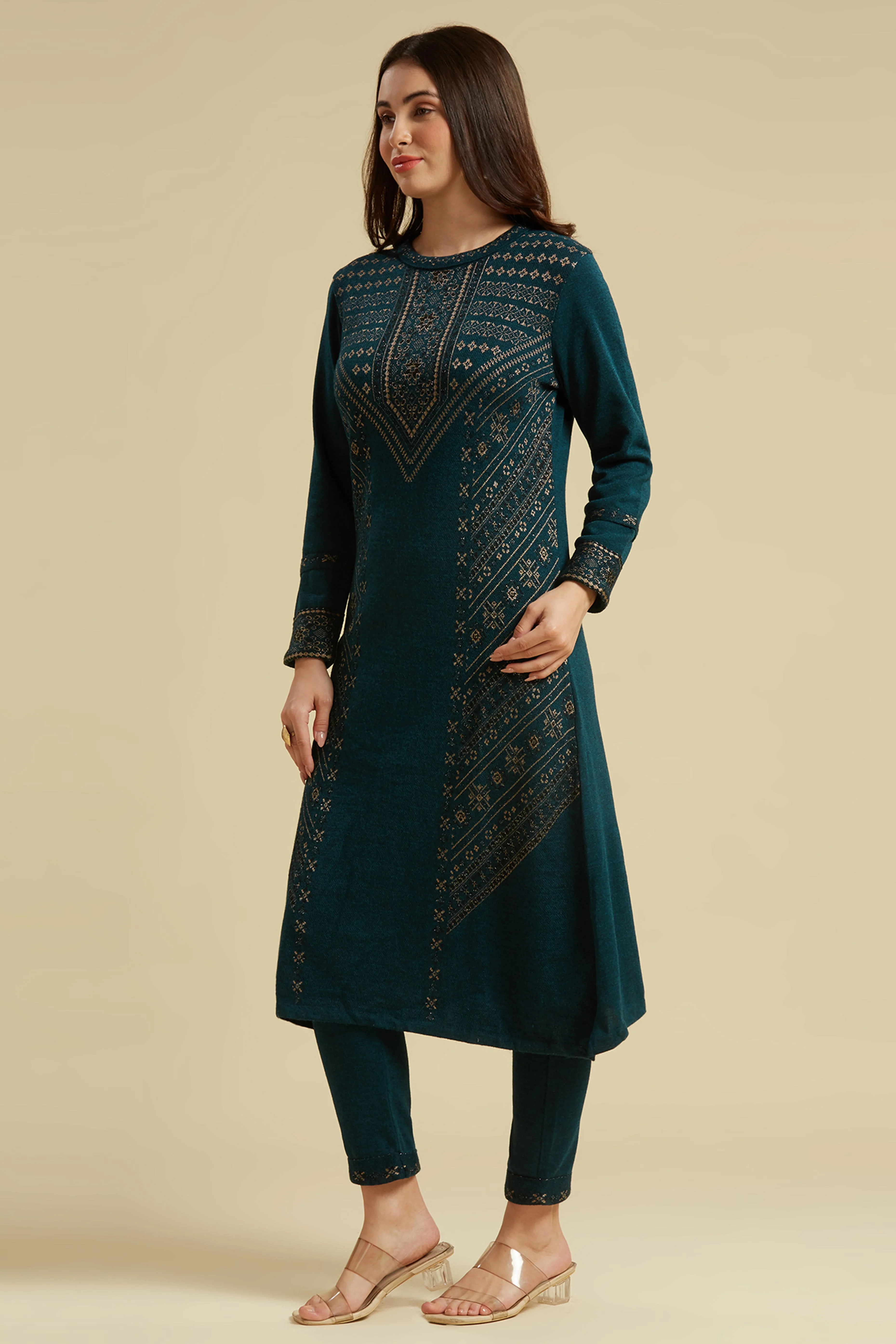 Dark Teal Floral Woolen Top Bottom Set - Image 4