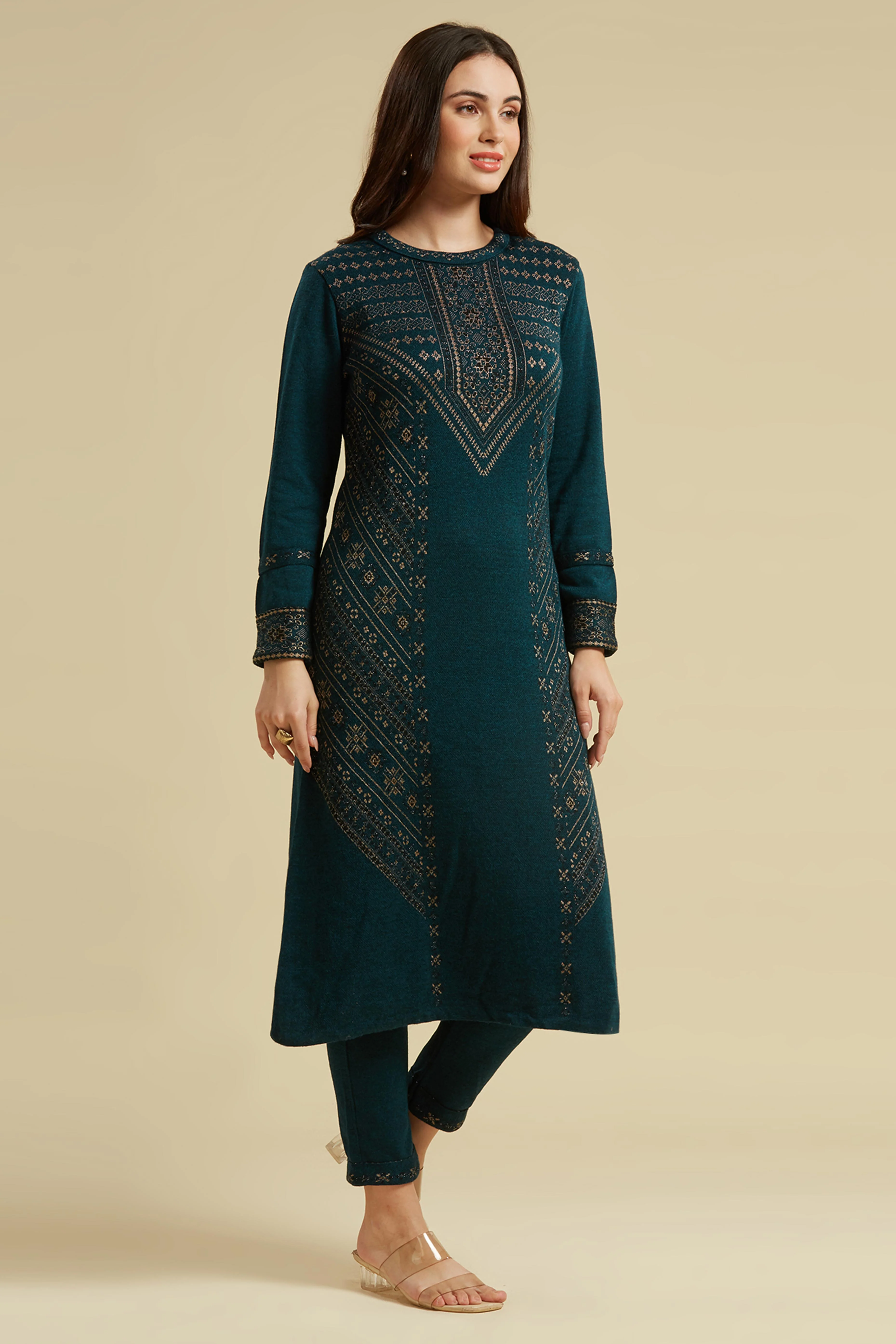 Dark Teal Floral Woolen Top Bottom Set - Image 5