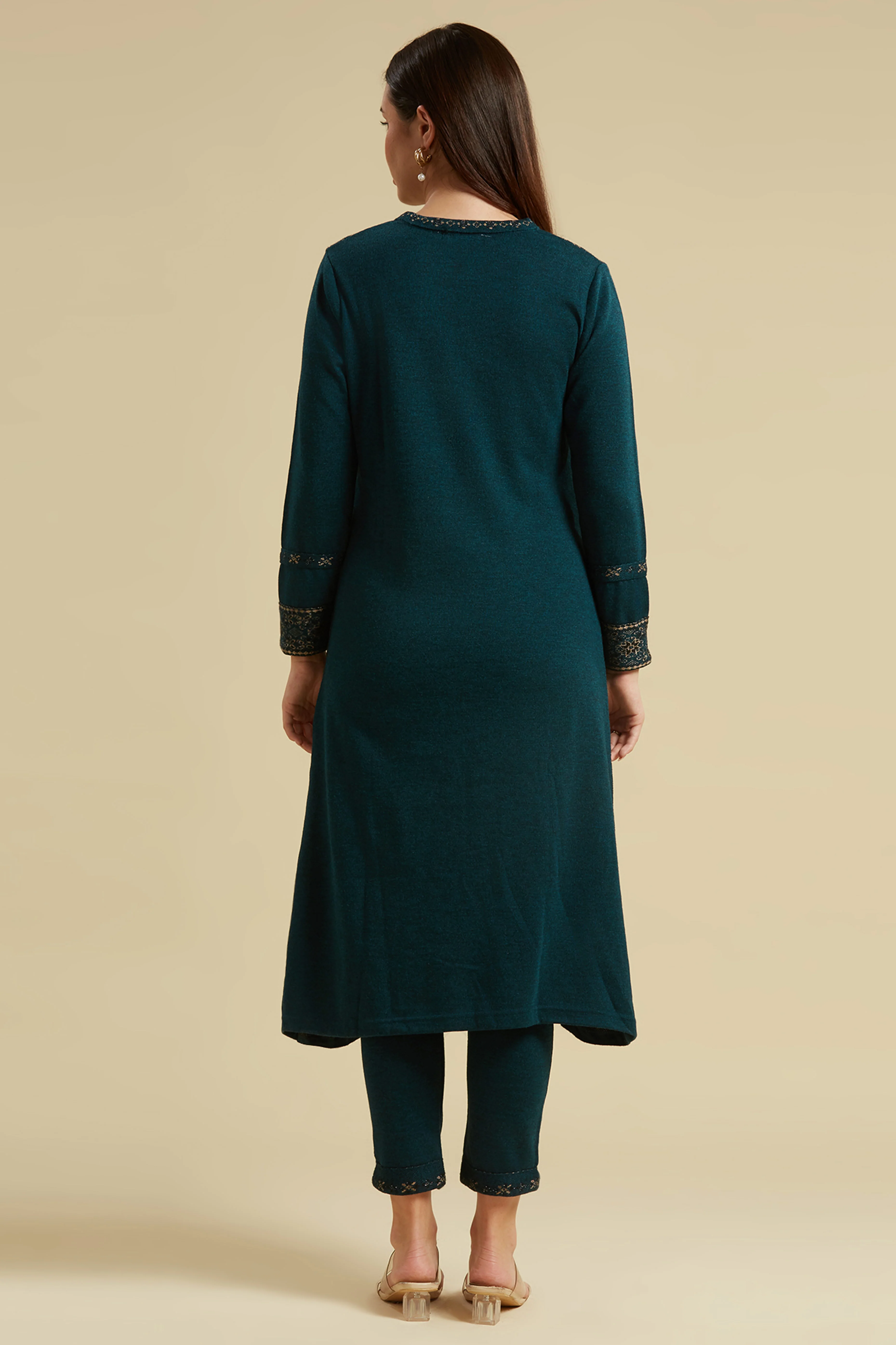 Dark Teal Floral Woolen Top Bottom Set - Image 6