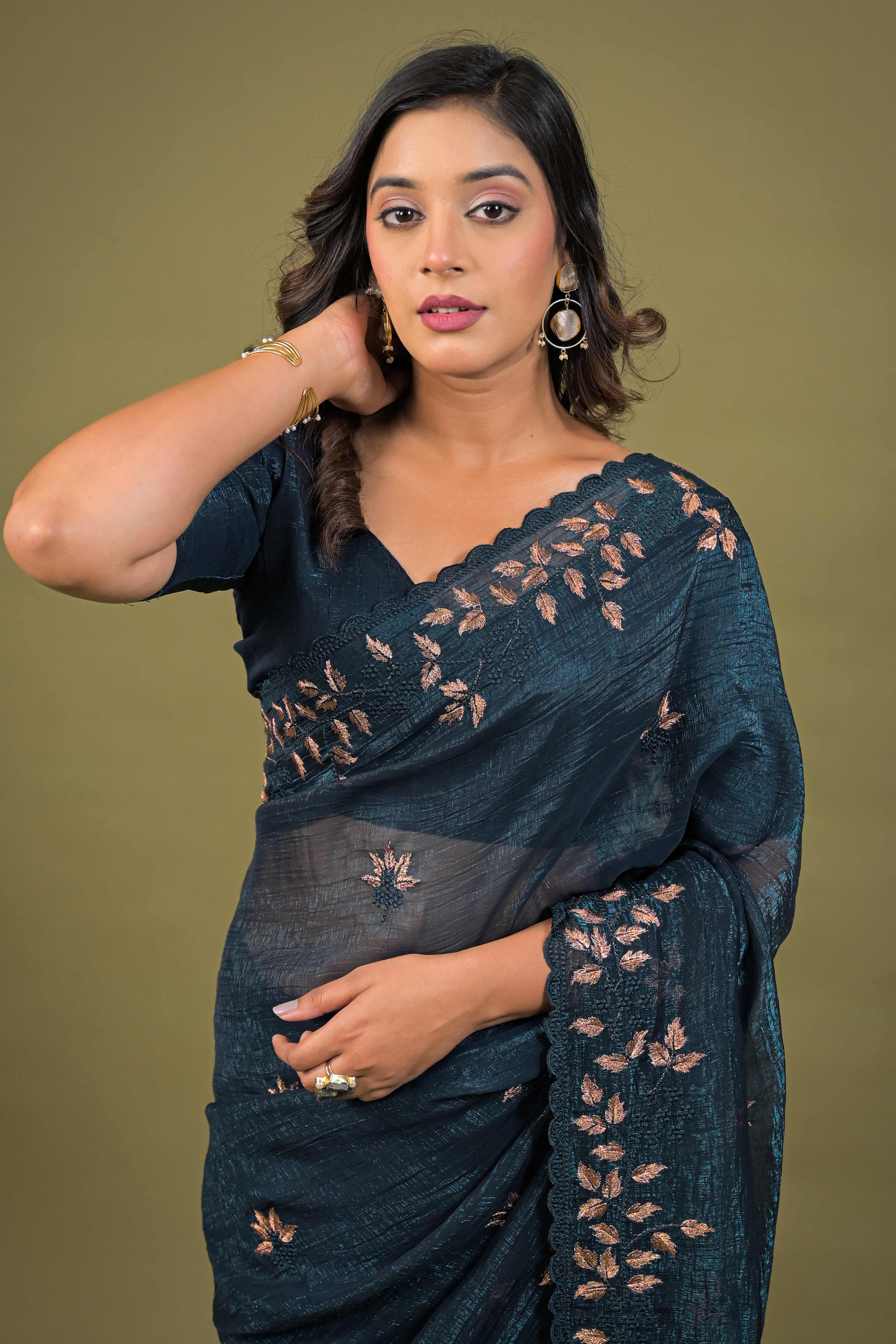 Dark Teal Sheer Organza Saree Adorned with Floral Embroidery - Image 10