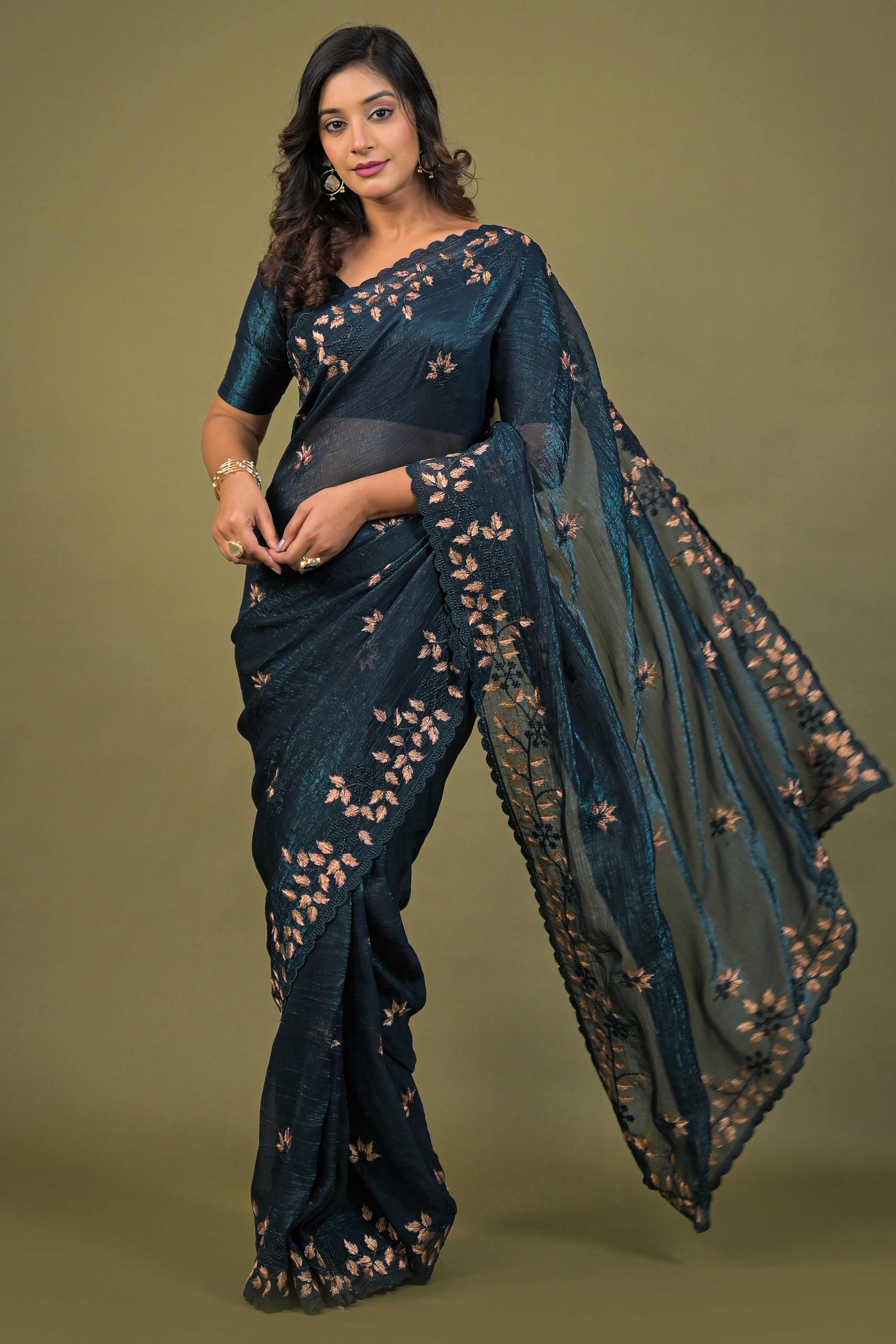 Dark Teal Sheer Organza Saree Adorned with Floral Embroidery - Image 4