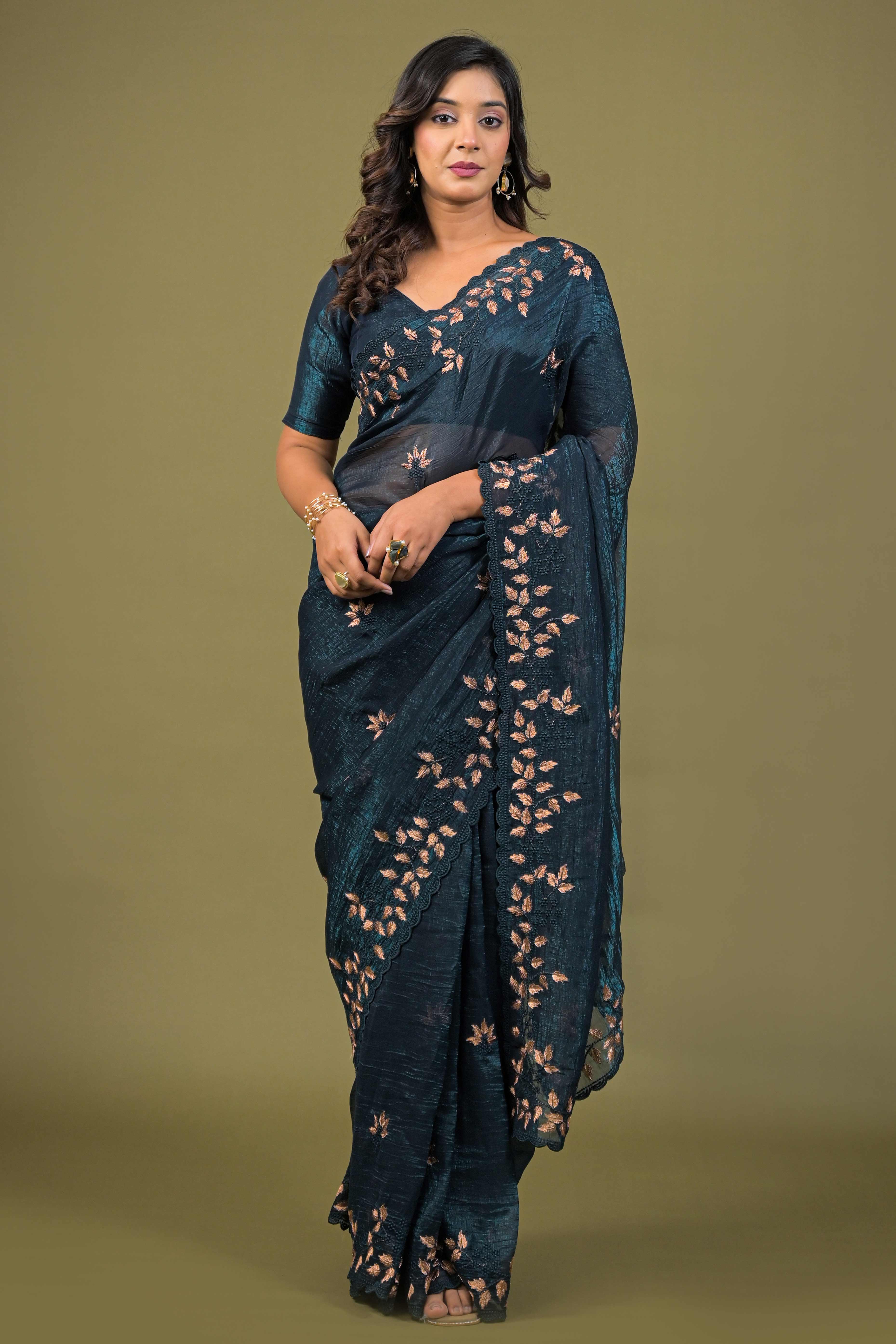Dark Teal Sheer Organza Saree Adorned with Floral Embroidery - Image 7