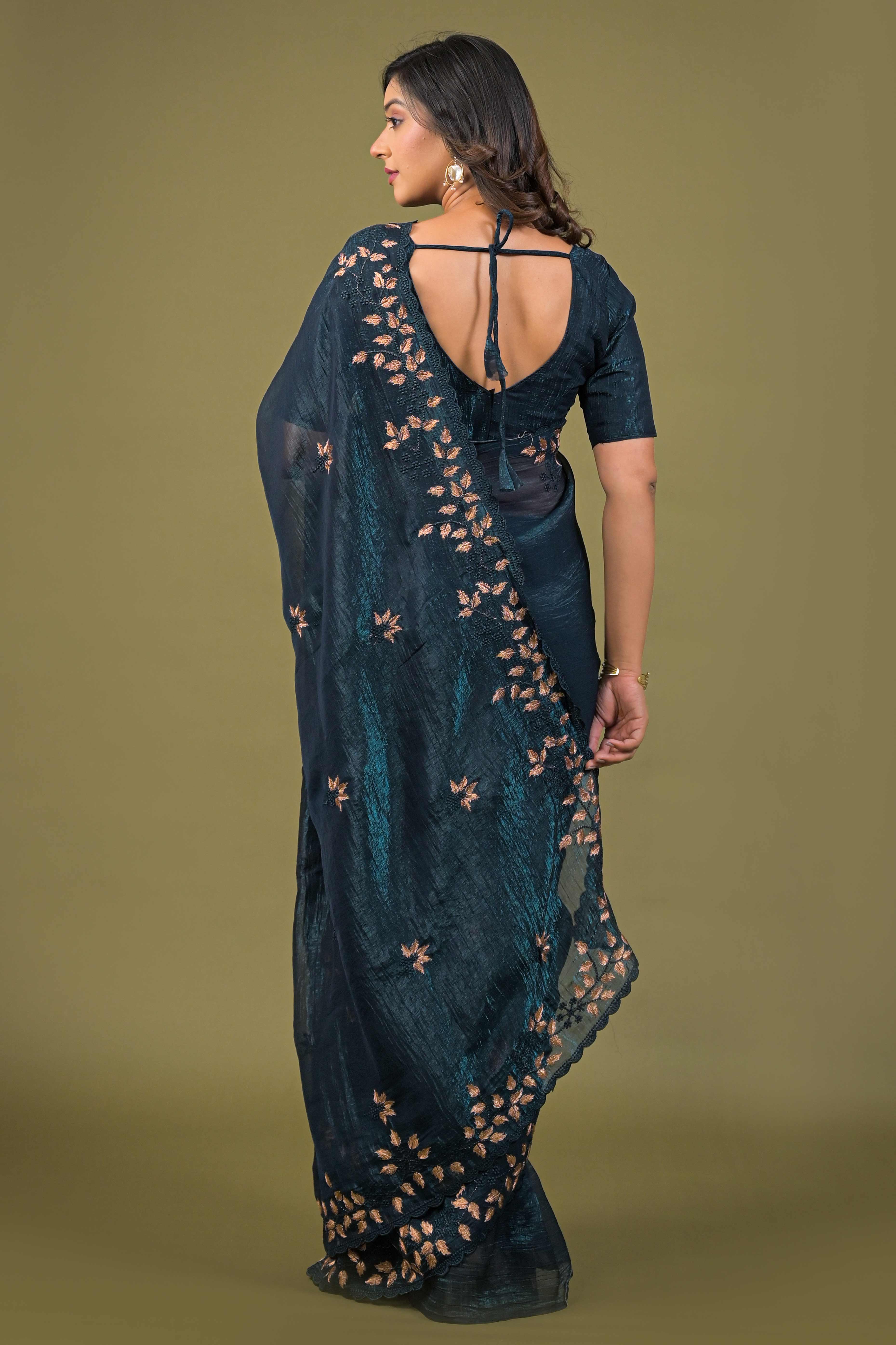 Dark Teal Sheer Organza Saree Adorned with Floral Embroidery - Image 9