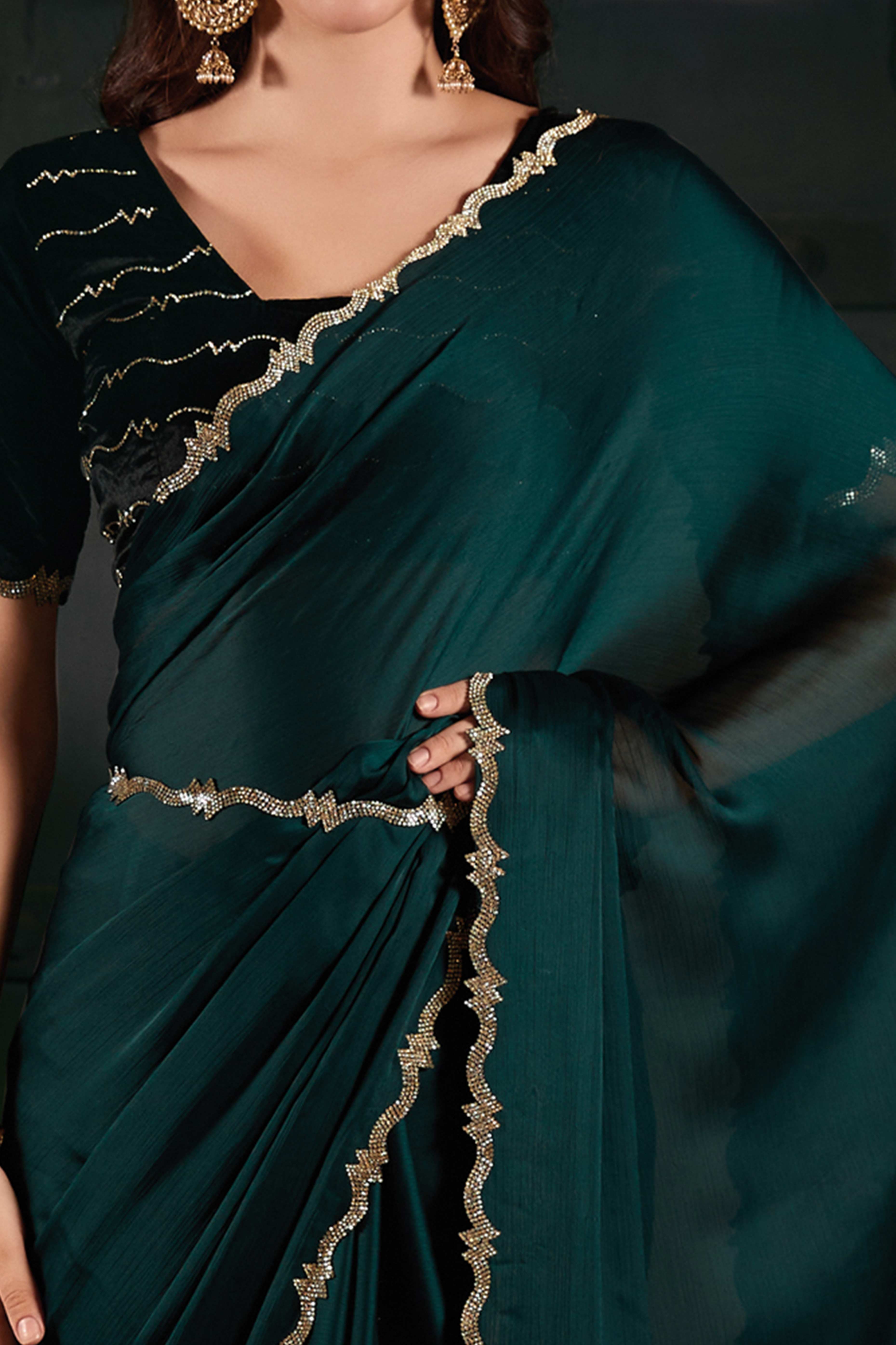Dark Teal Solid With Zarkan Cutwork Border Chiffon Saree With Belt - Image 2