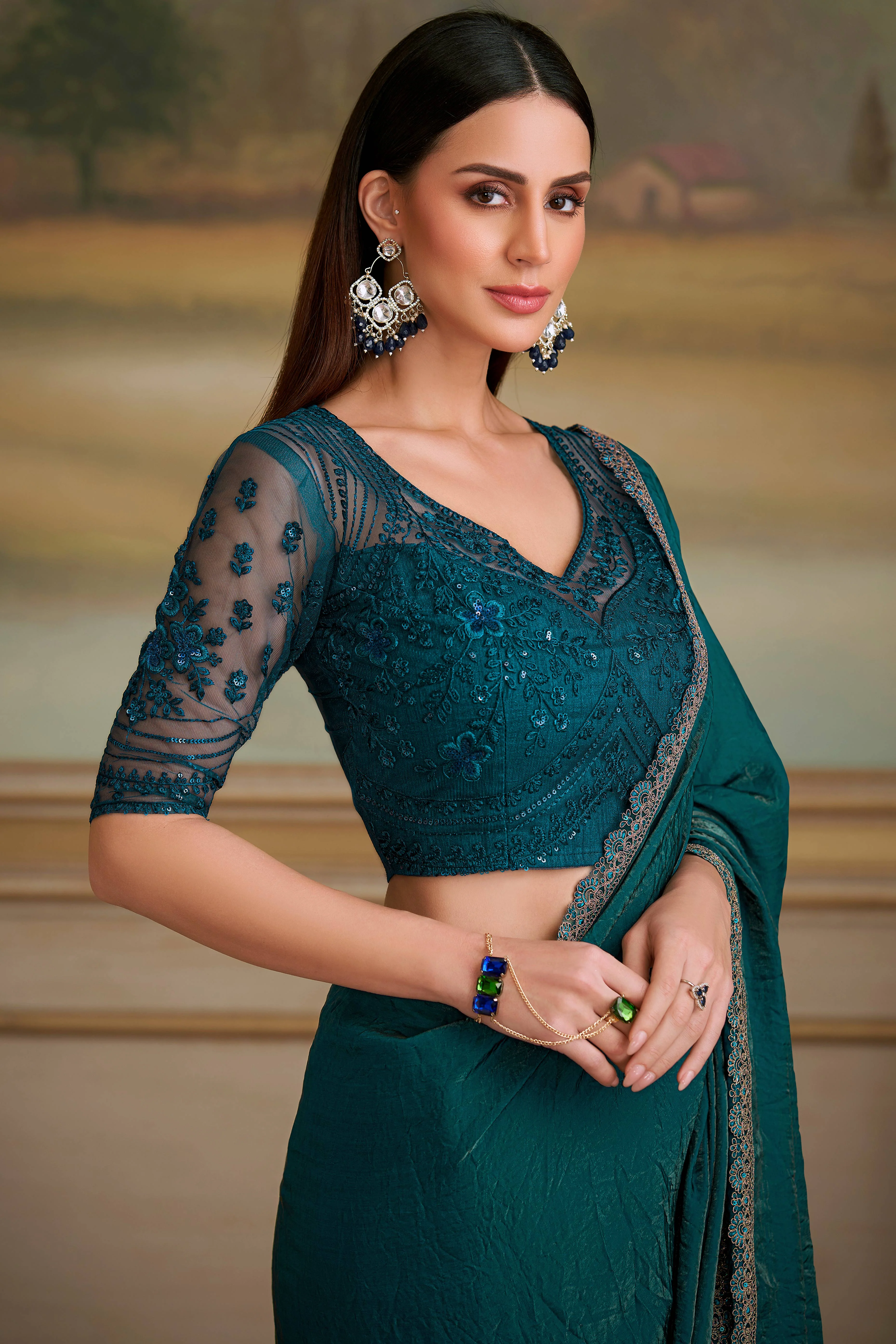 Dark Teal Twilight Georgette Saree Embellished With Floral Sequins Embroidered & Lace Border - Image 3