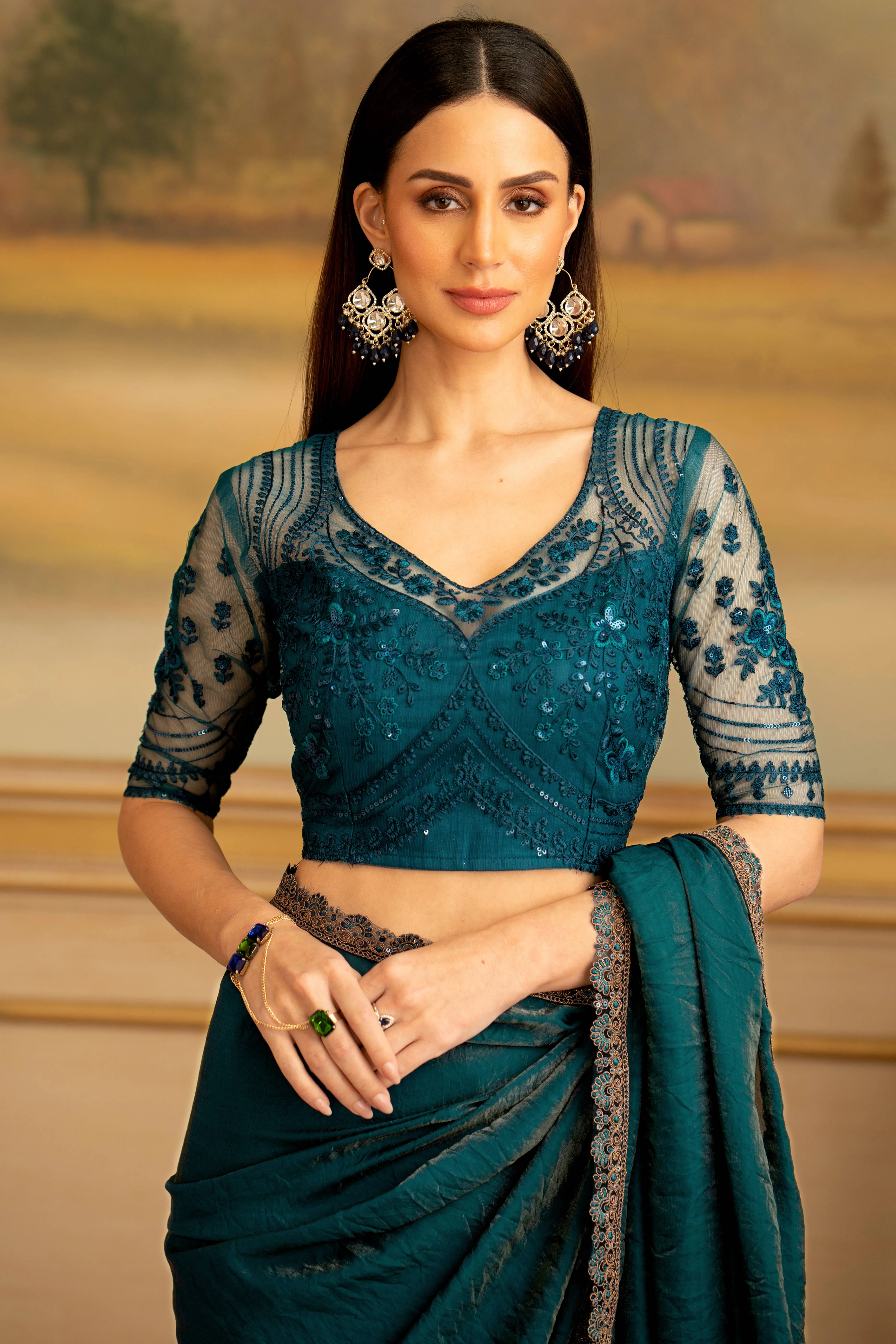 Dark Teal Twilight Georgette Saree Embellished With Floral Sequins Embroidered & Lace Border - Image 4