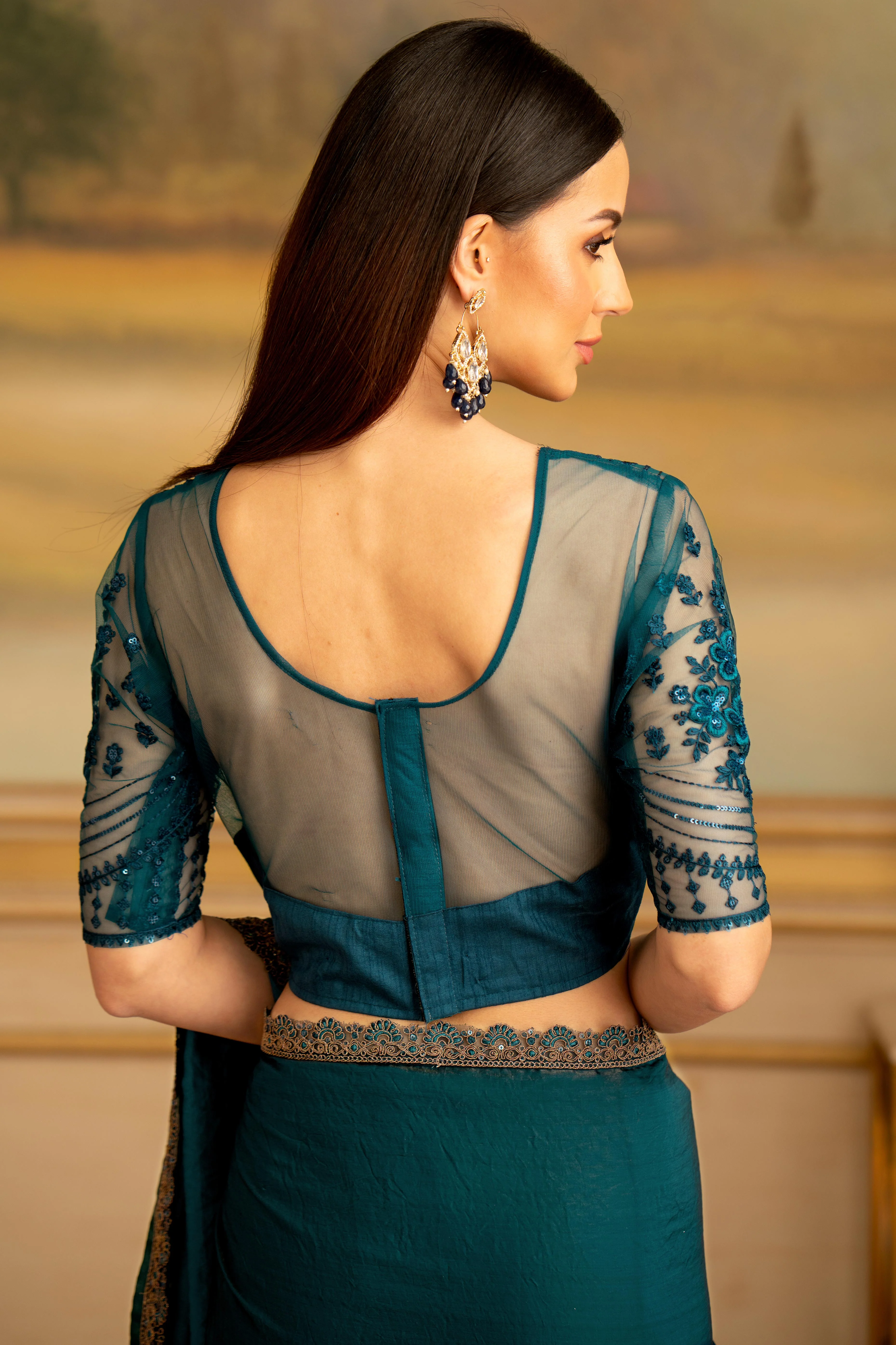 Dark Teal Twilight Georgette Saree Embellished With Floral Sequins Embroidered & Lace Border - Image 5