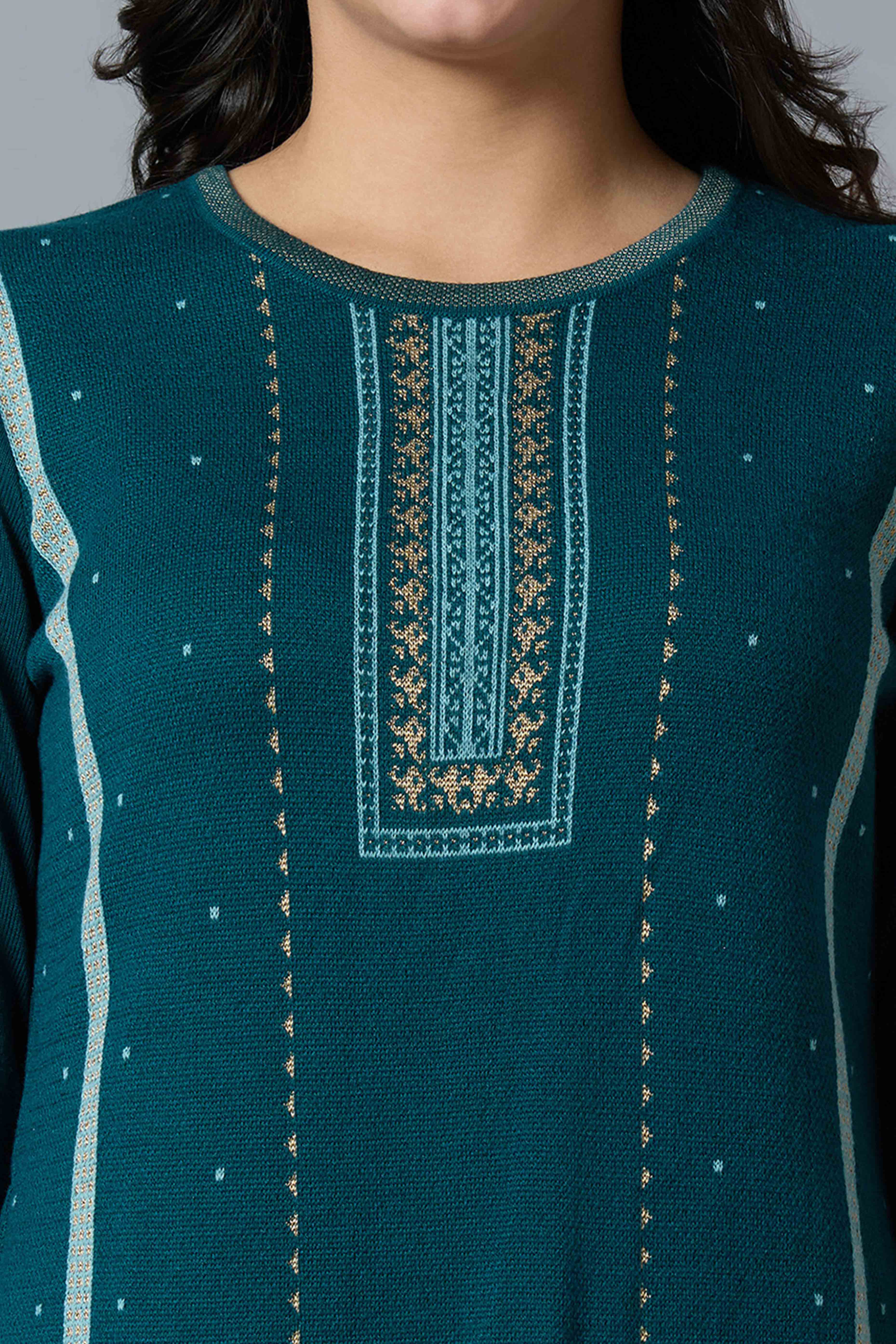 Dark Teal Woolen Straight Kurti - Image 2
