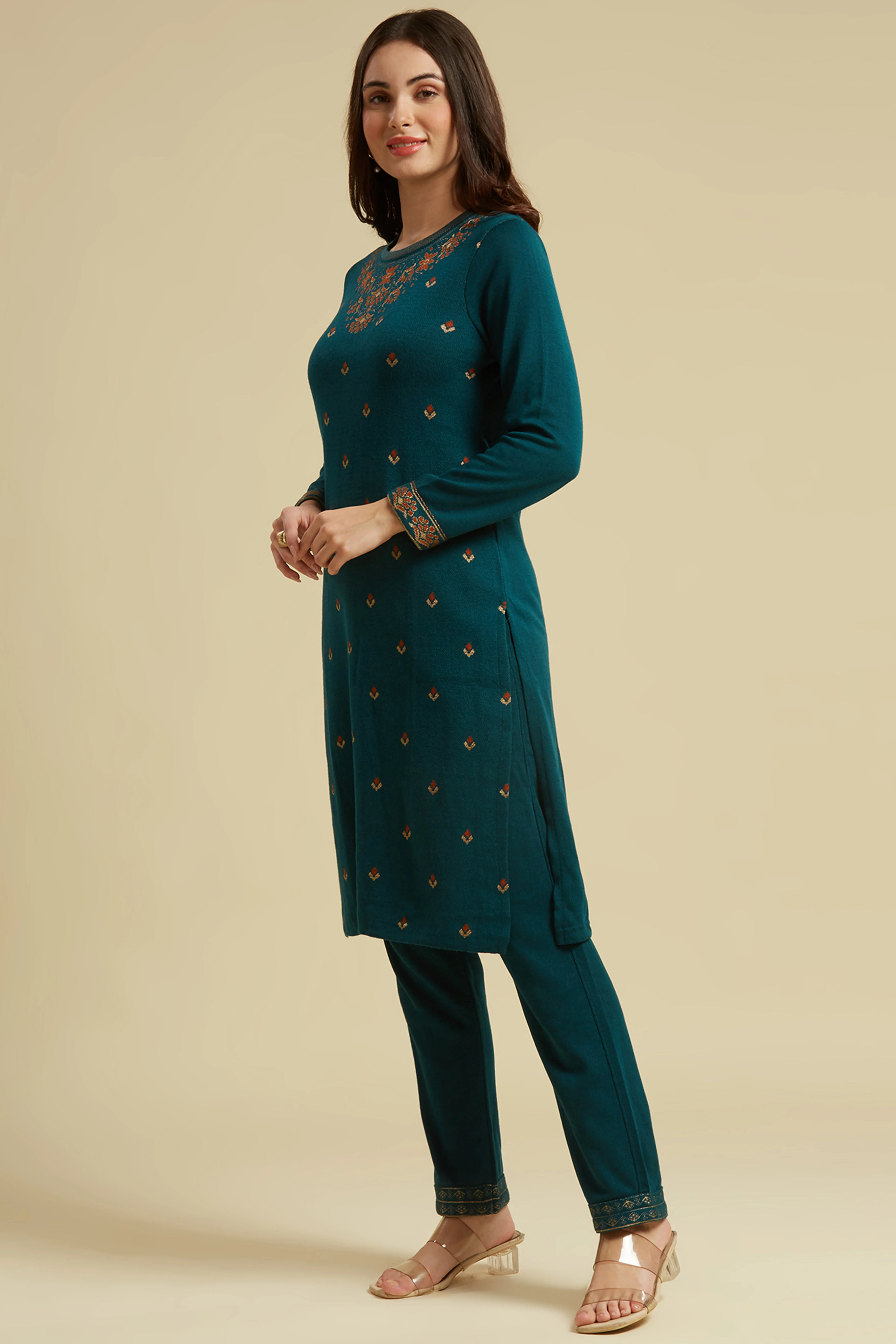 Dark Teal Woolen Straight Kurti - Image 4
