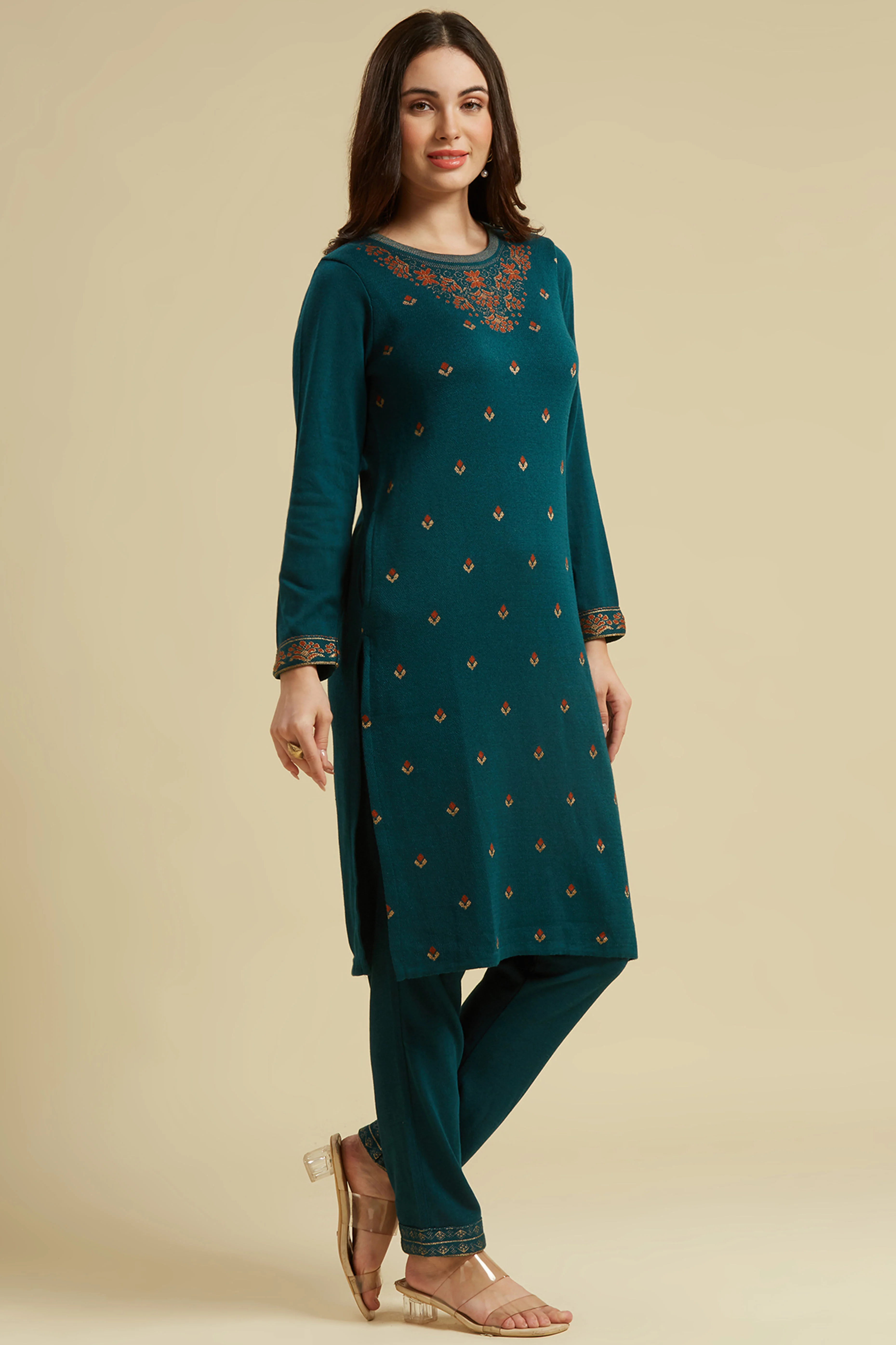 Dark Teal Woolen Straight Kurti - Image 5