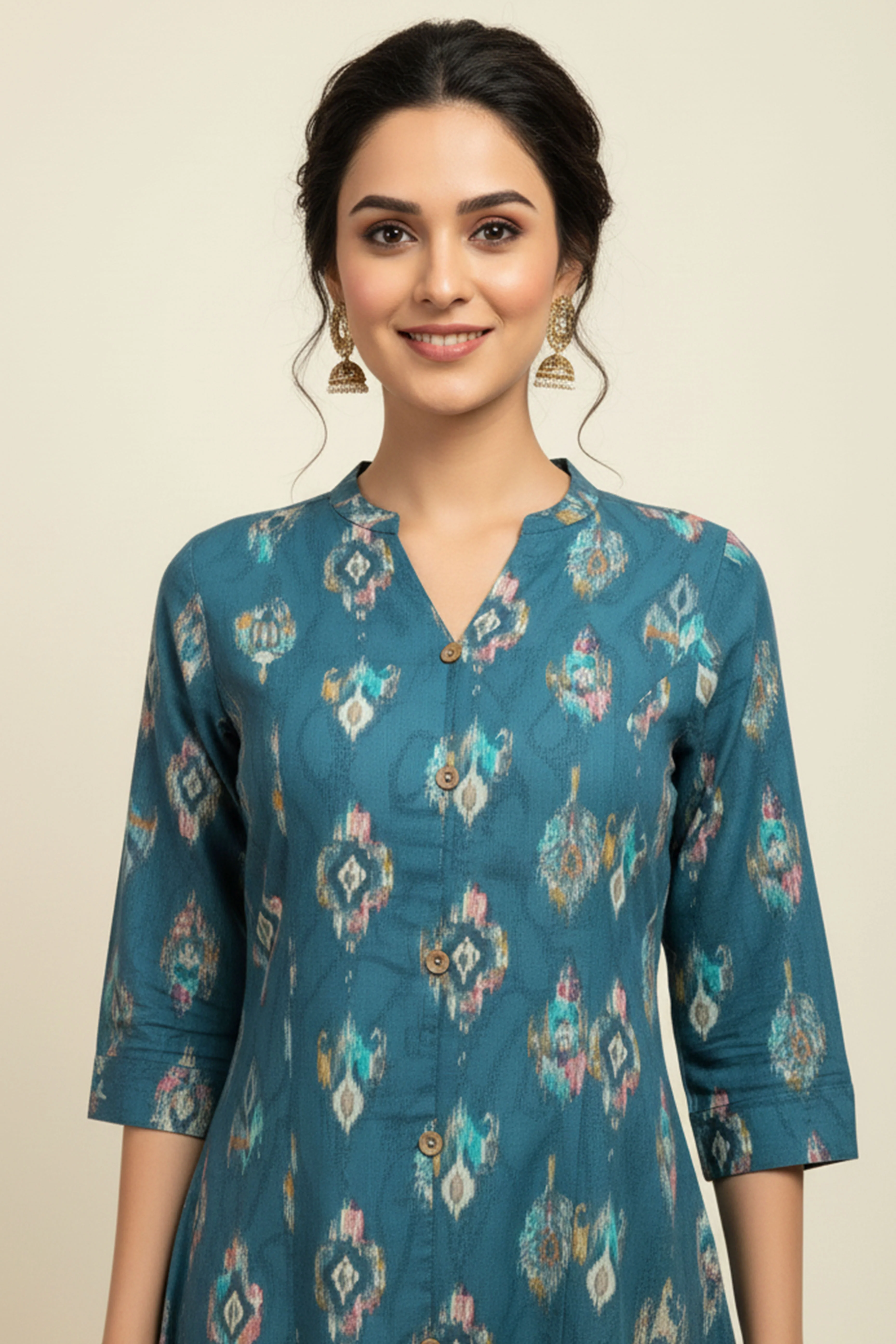 Dark Turquoise Ikkat Printed Pure Cotton A-Line Kurti - Image 2