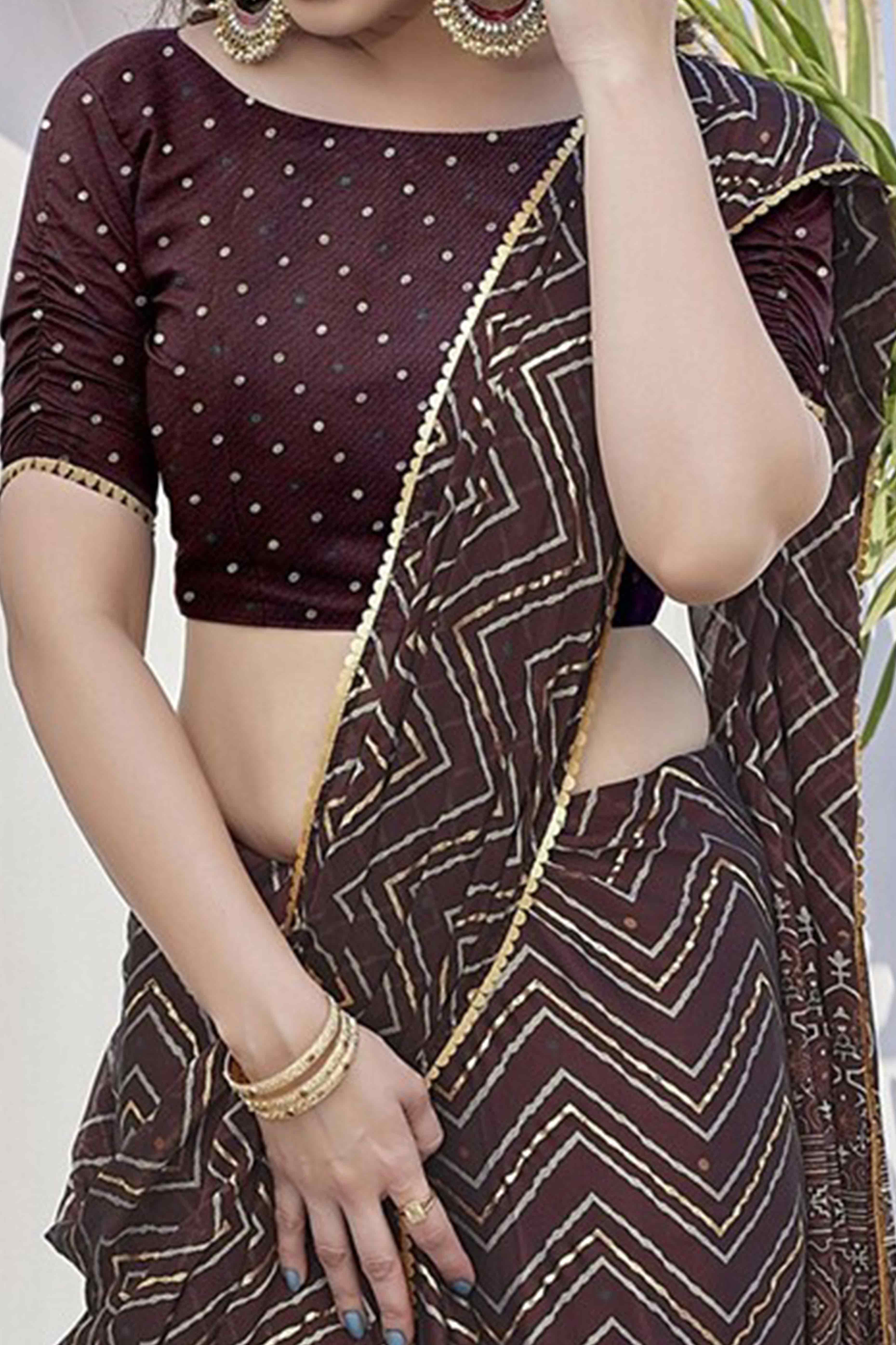 Dark Wine Chiffon Saree With Zig-Zag Foil Print & Golden Lace Border - Image 2