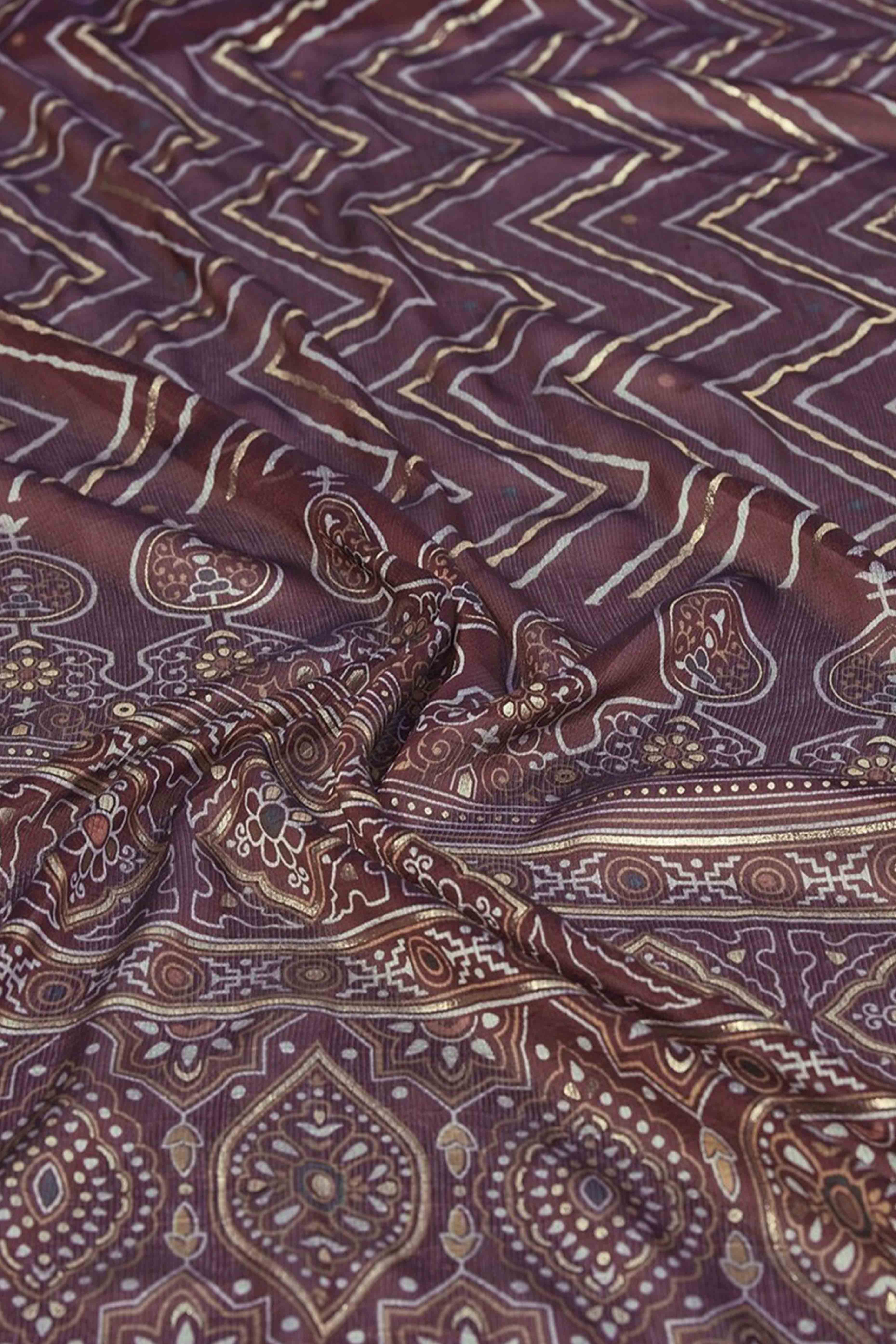 Dark Wine Chiffon Saree With Zig-Zag Foil Print & Golden Lace Border - Image 6