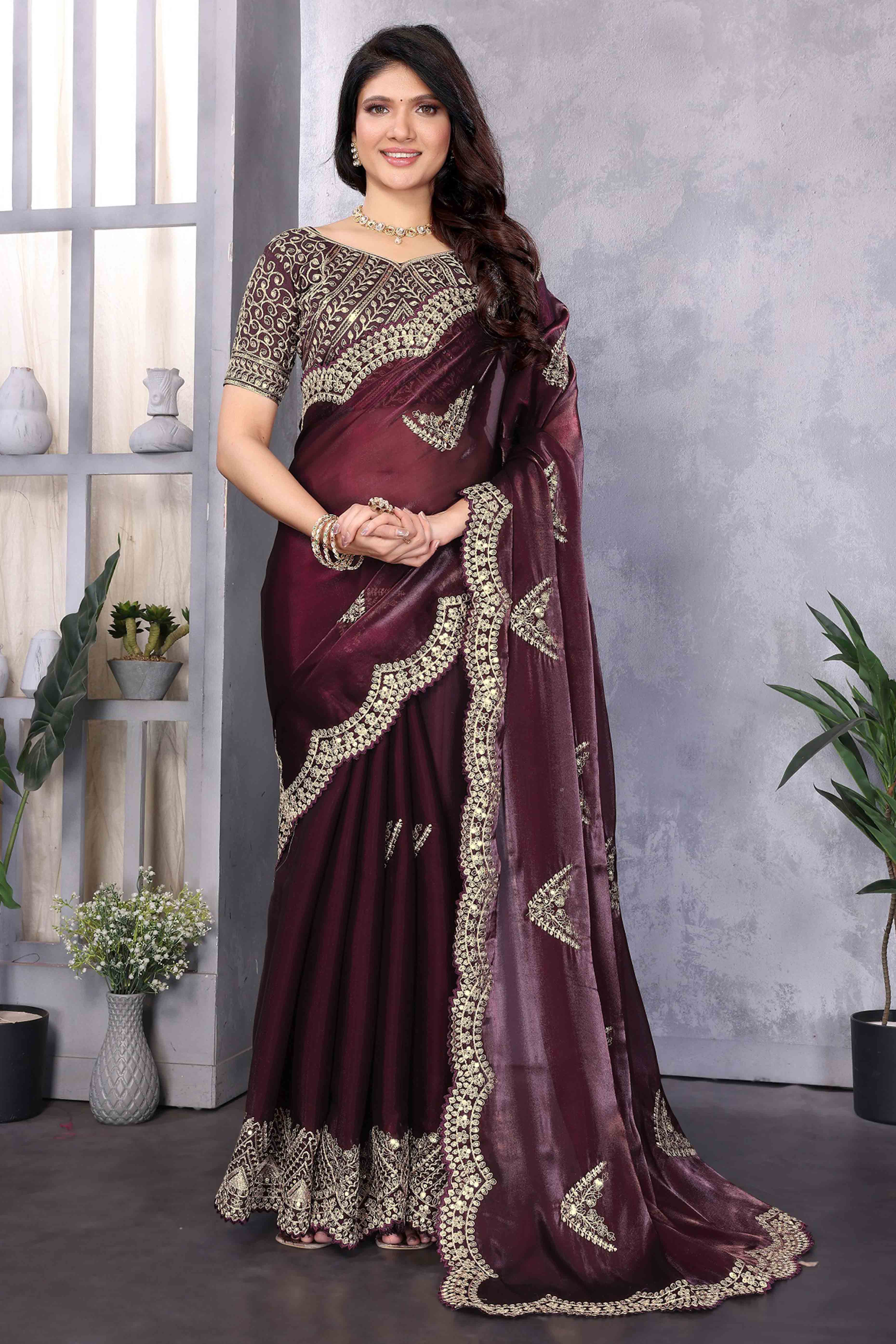 Dark Wine Floral Sequins Embroidered Shimmer Chiffon Saree - Image 3