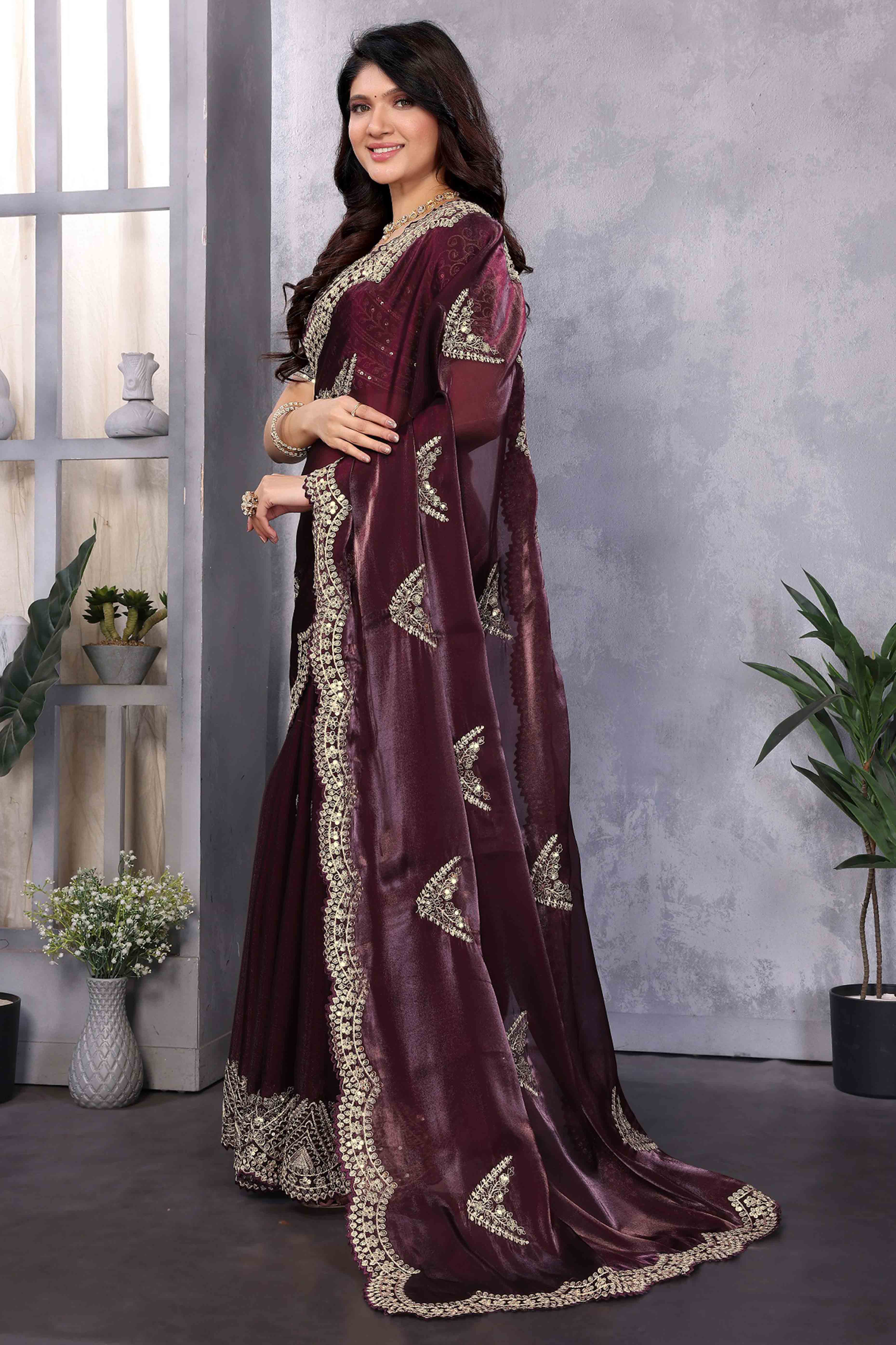Dark Wine Floral Sequins Embroidered Shimmer Chiffon Saree - Image 4