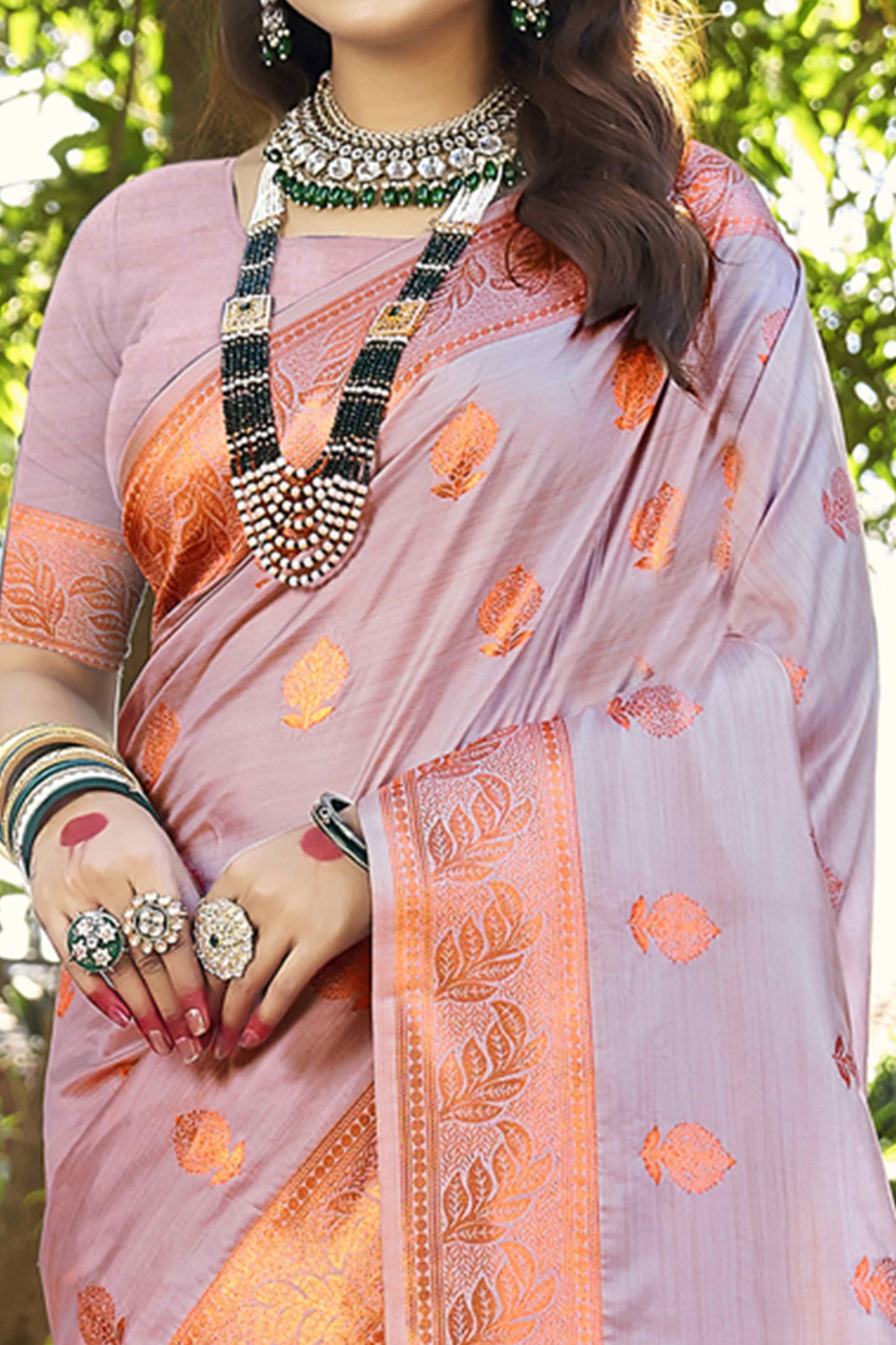Dazzling Floral Zari Woven Banarasi Silk Saree In Onion - Image 2