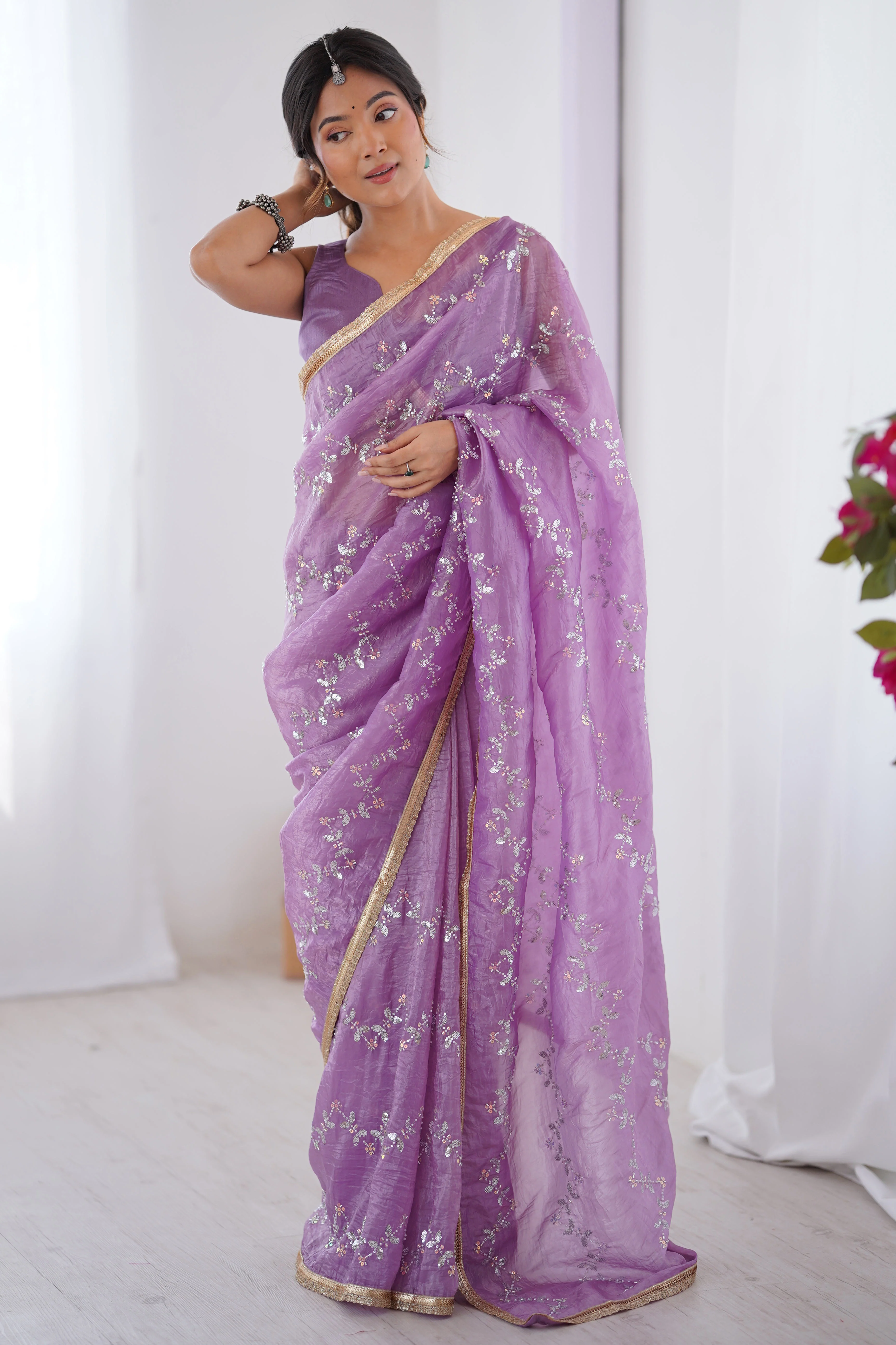 Dazzling Lavender Organza Saree Accented with Sequin, Bead & Stone Work and Delicate Lace Detailing - Image 4