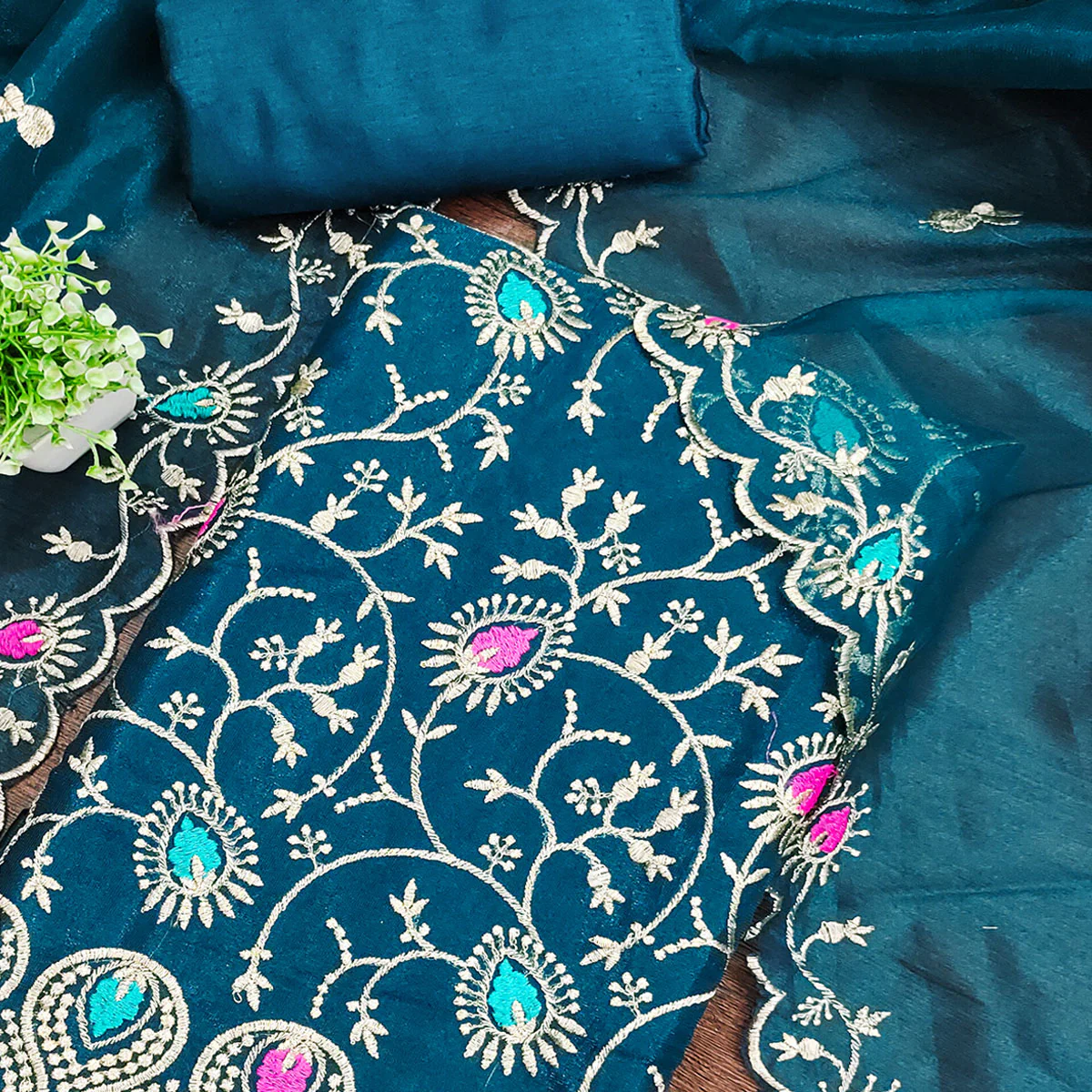 Dazzling Morpich Organza Dress Material with Exquisite Floral Thread & Zari Embroidery - Image 2