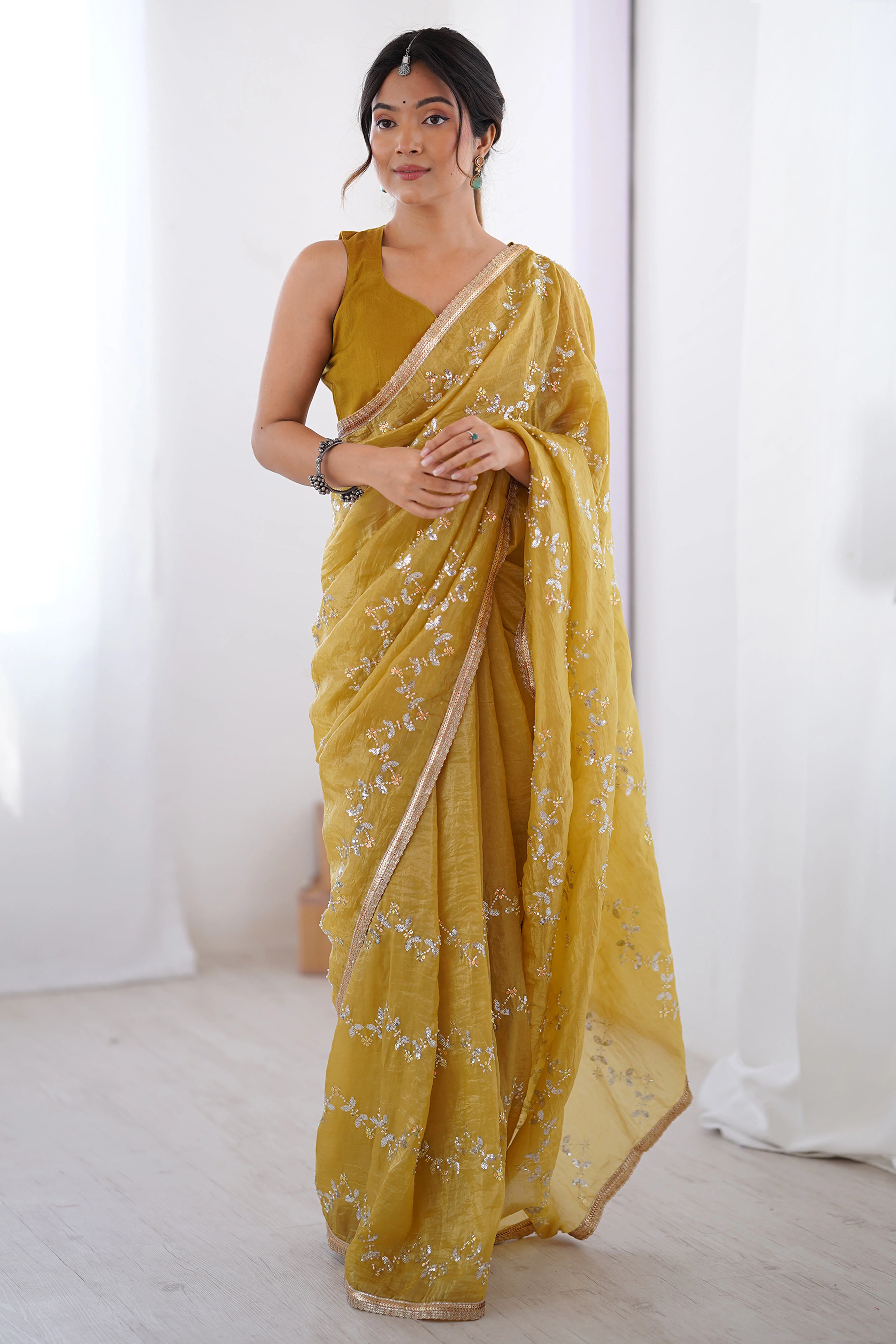 Dazzling Mustard Yellow Organza Saree Accented with Sequin, Bead & Stone Work and Delicate Lace Detailing - Image 9