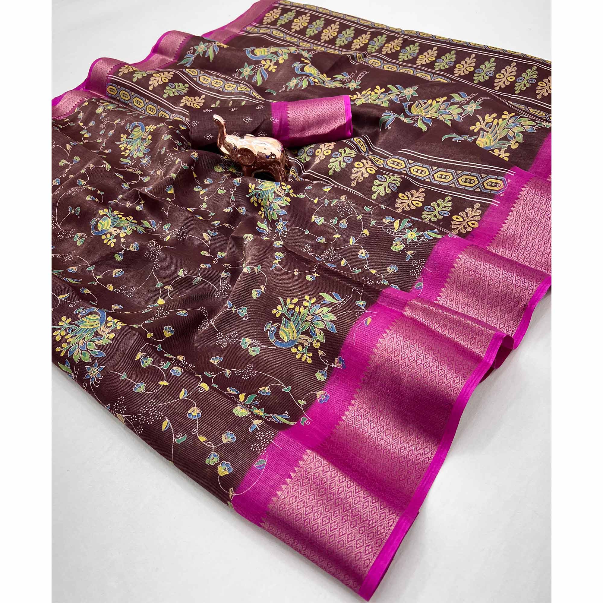 Deep Brown Floral Printed Cotton Blend Saree With Zari Woven Border - Image 3