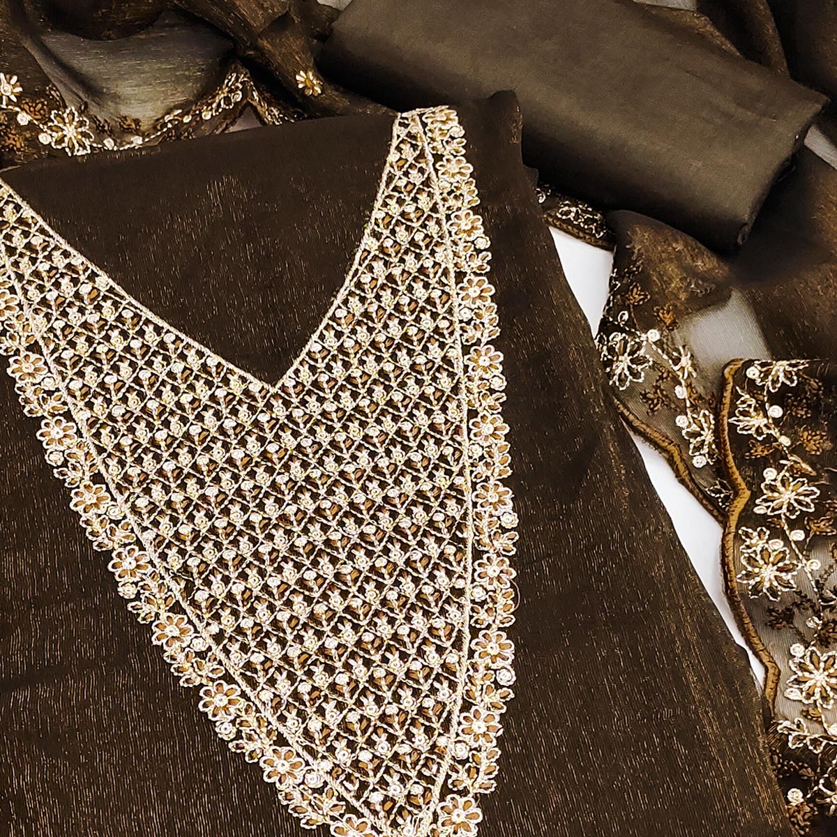 Deep Brown Party Wear Shimmer Dress Material with Floral Embellishment - Image 2