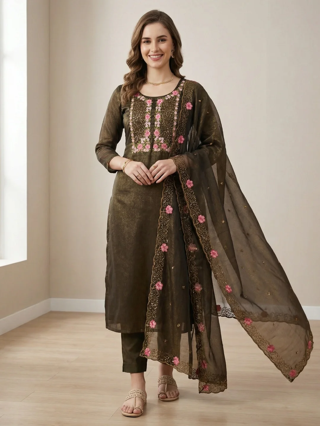 Deep Olive Shimmer Dress Material with Floral Embroidery and Dupatta