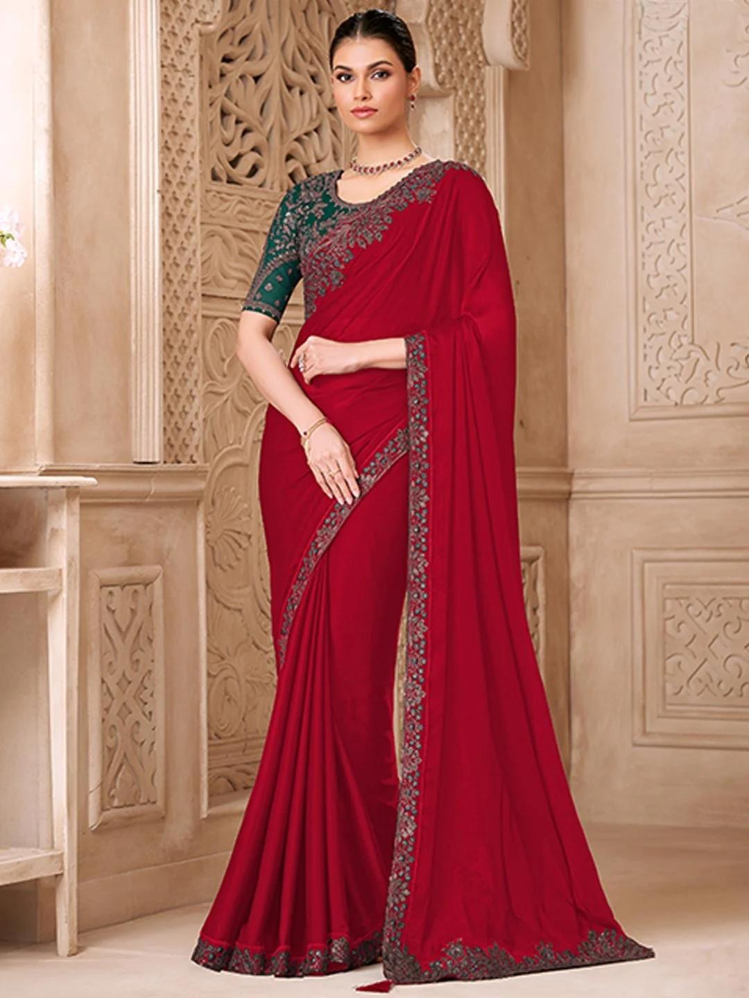 Deep Pink Georgette Saree Featuring Detailed Embroidered Border