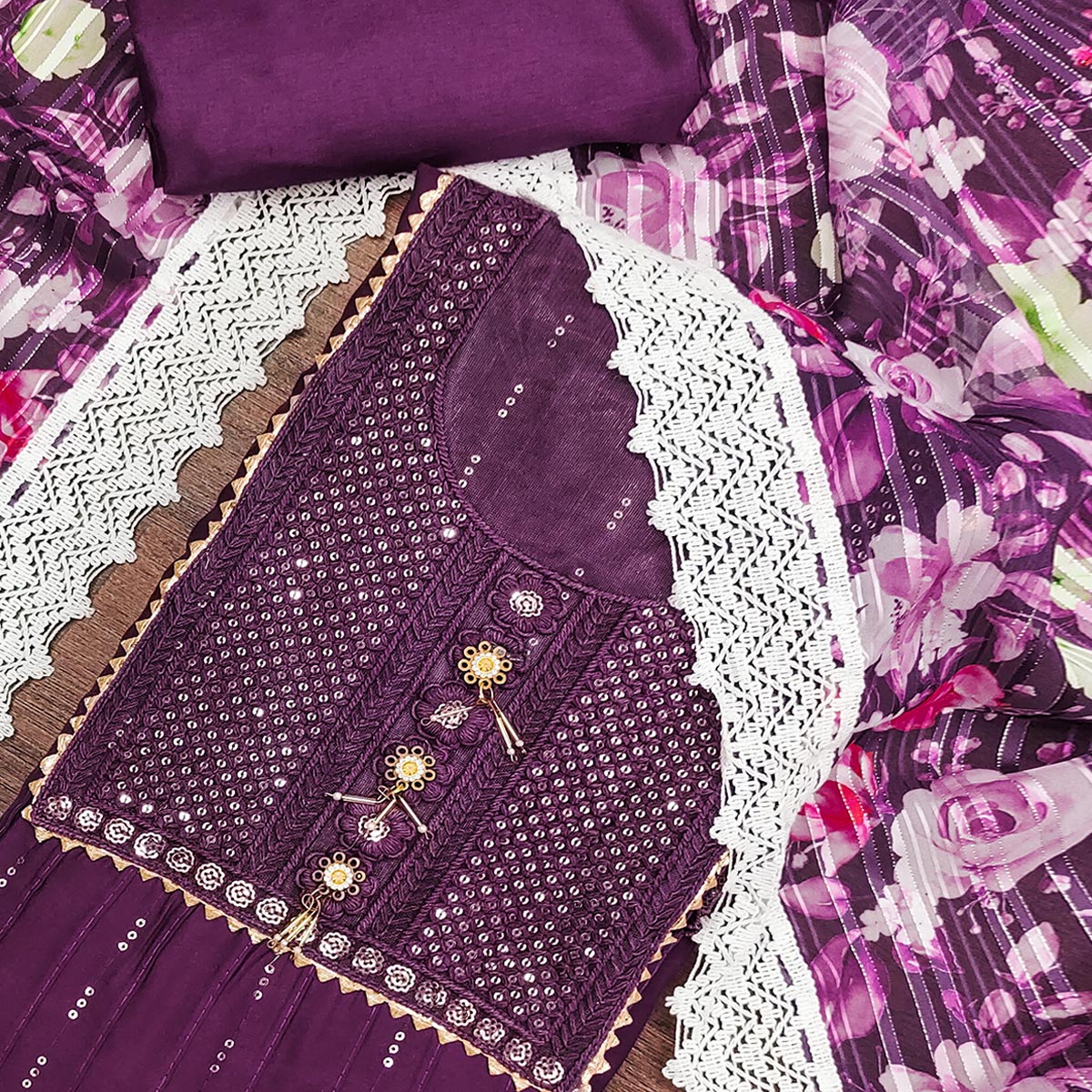 Deep Purple Cotton Blend Suit Material Enhanced with Sequins Embroidery - Image 2
