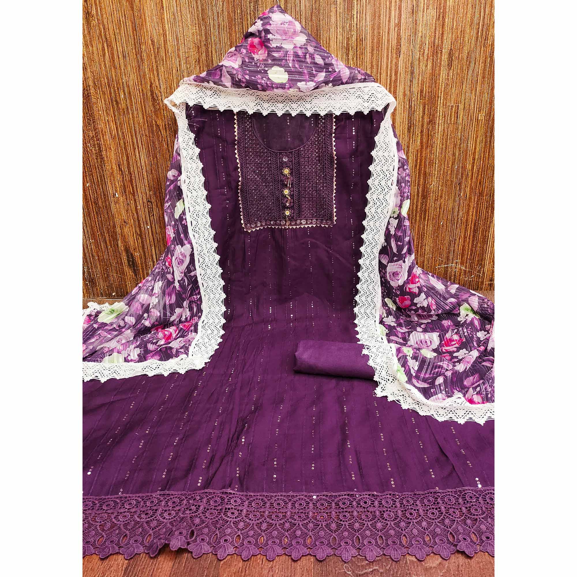 Deep Purple Cotton Blend Suit Material Enhanced with Sequins Embroidery - Image 3