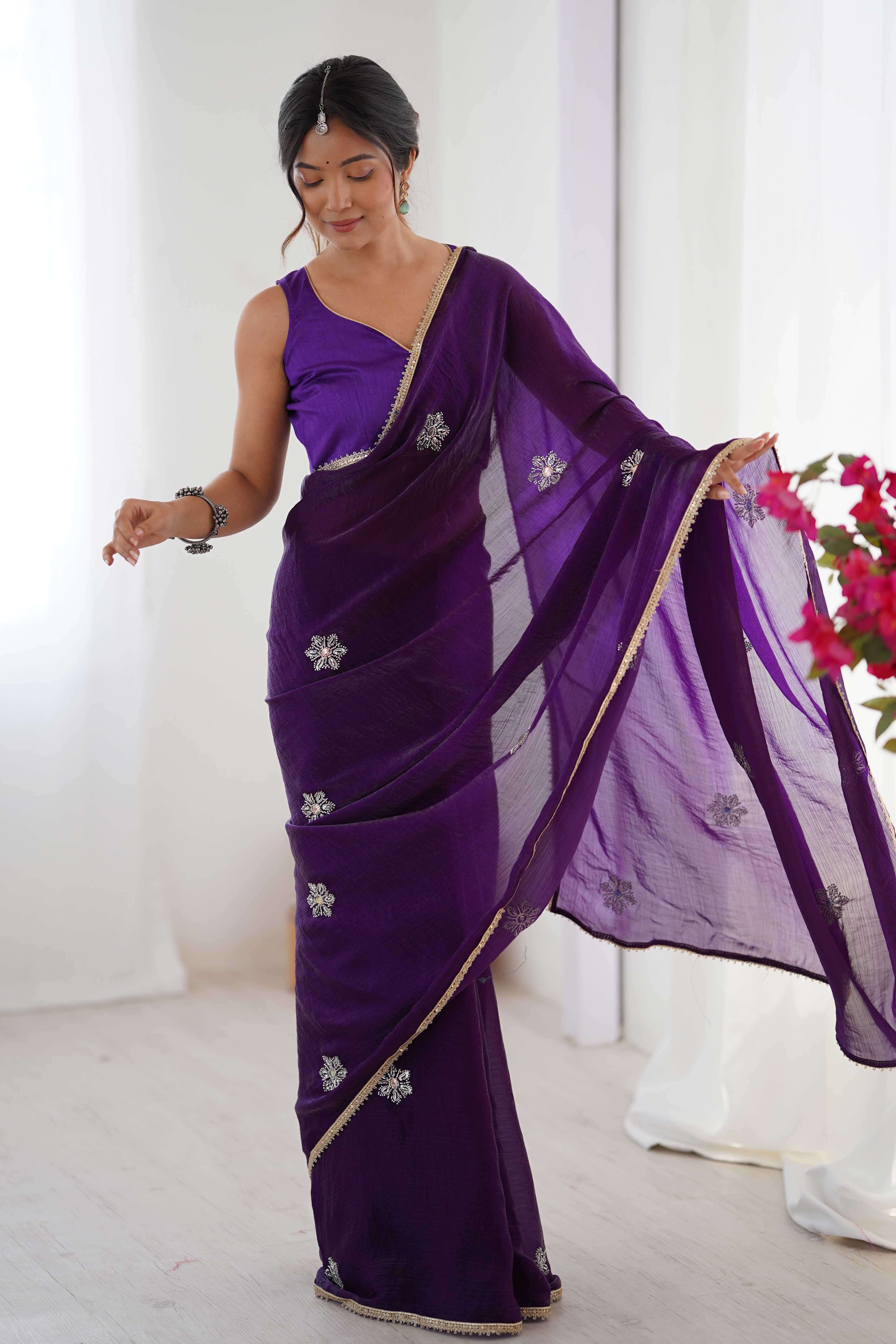 Deep Purple Organza Saree Embellished with Intricate Floral Work and Elegant Lace Detailing - Image 3
