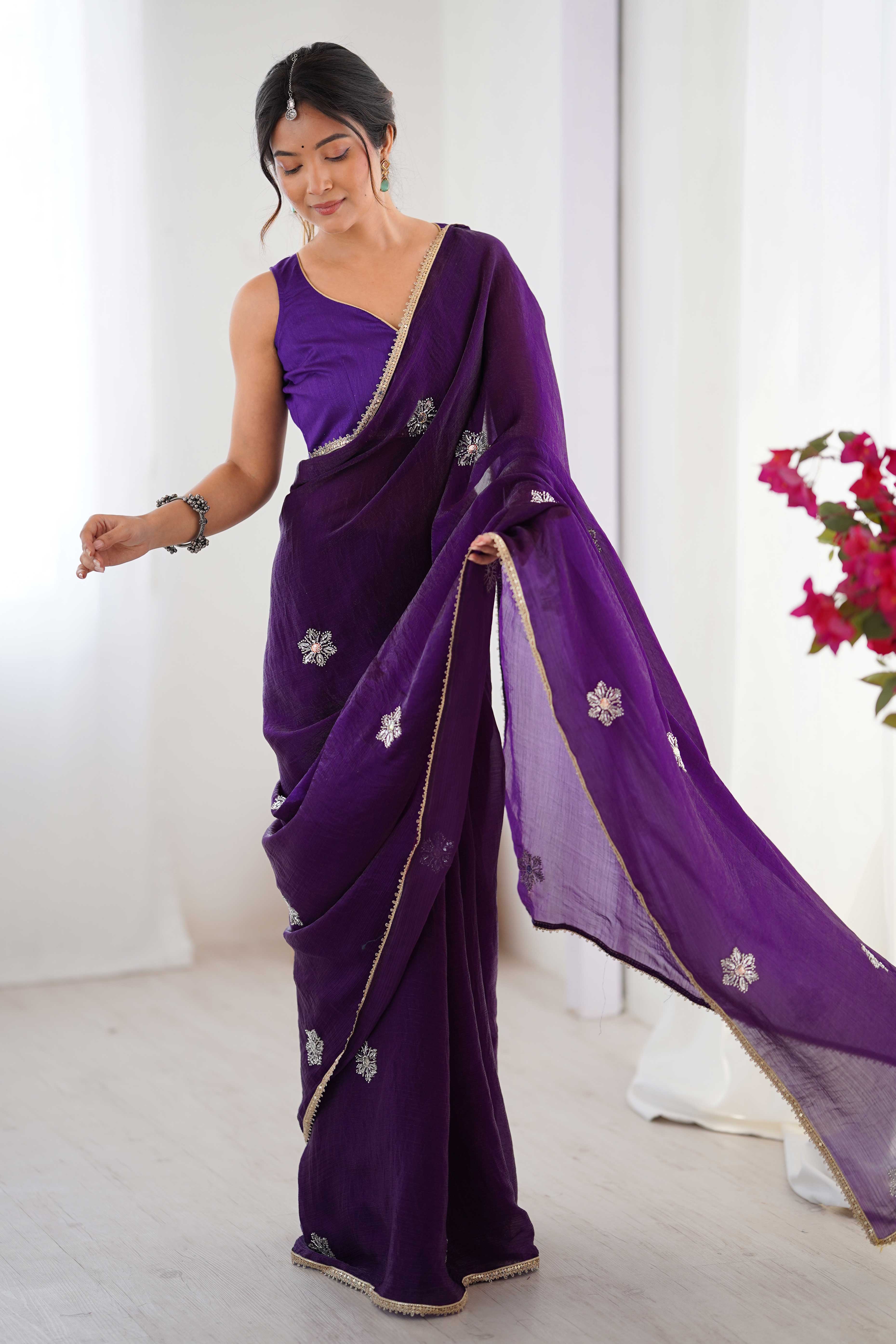 Deep Purple Organza Saree Embellished with Intricate Floral Work and Elegant Lace Detailing - Image 5
