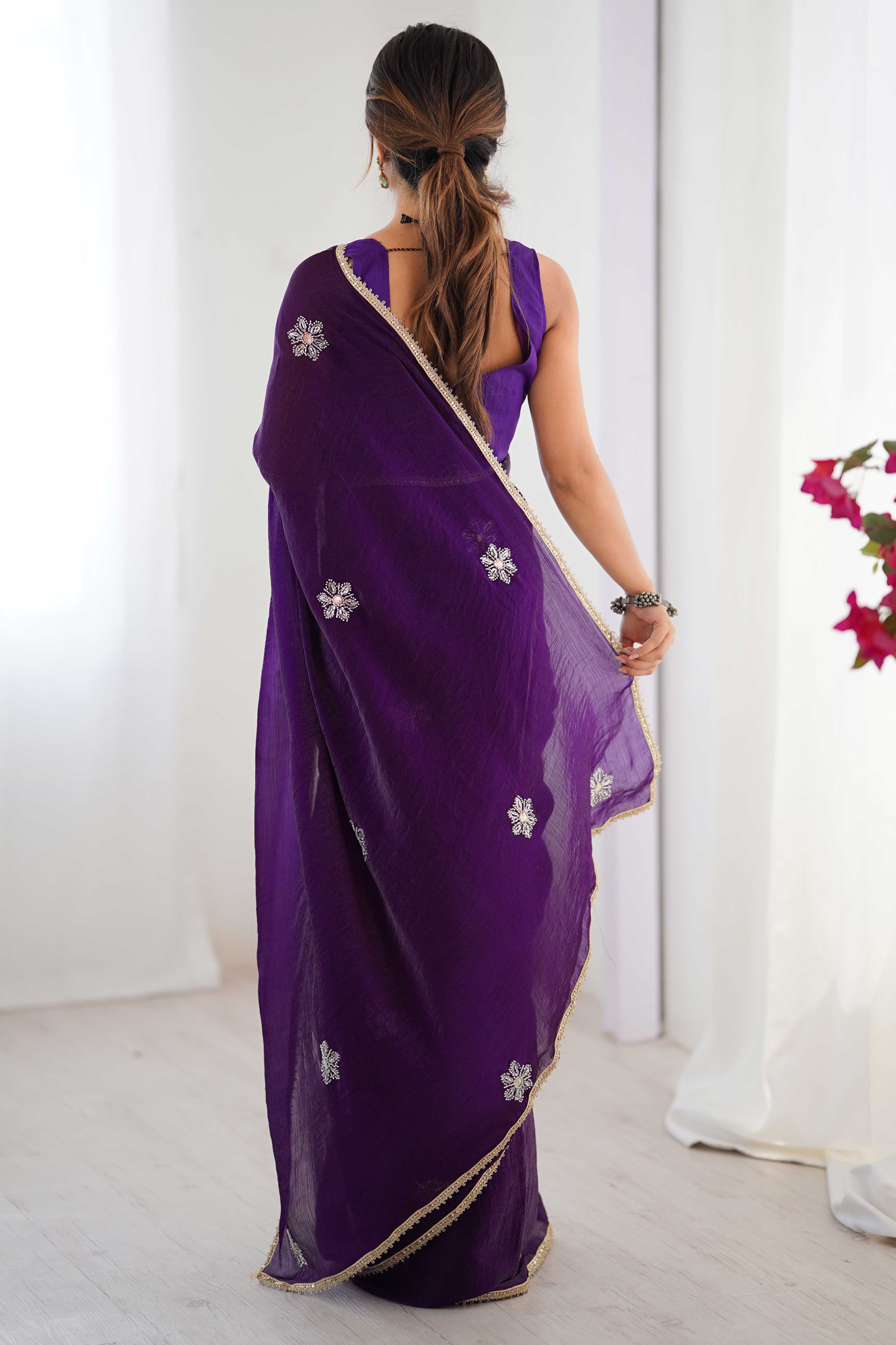Deep Purple Organza Saree Embellished with Intricate Floral Work and Elegant Lace Detailing - Image 6